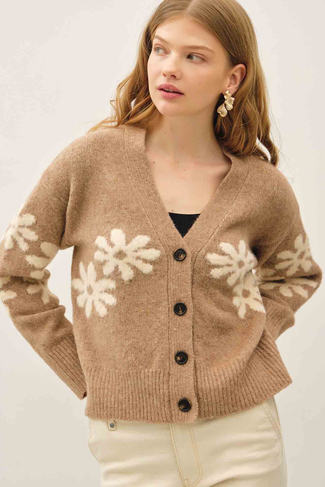 Wool Blended Floral Jacquard V-Neck Cardigan