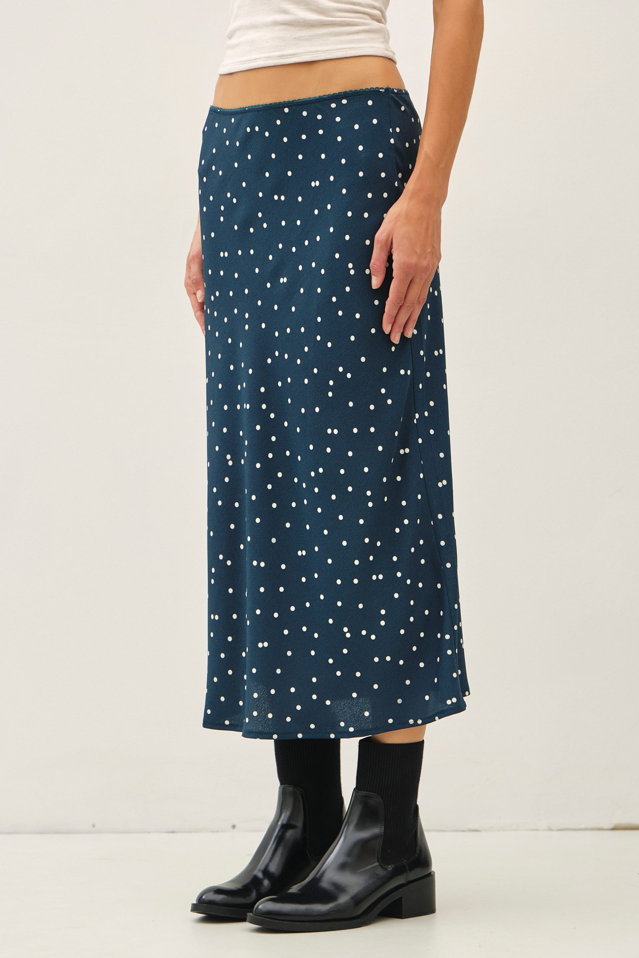 Dots Print Midi Skirt With Elastic Waistband