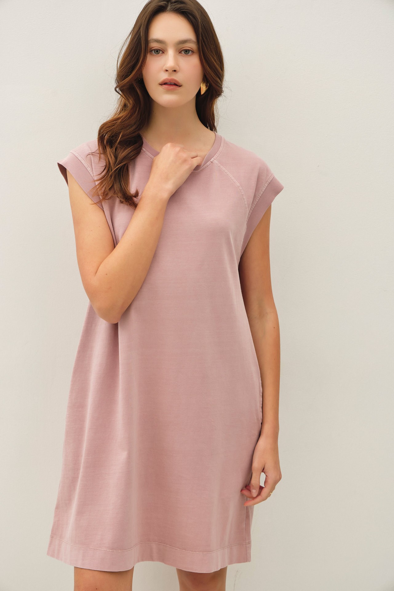 Garment Washed Casual Capped Sleeve Jersey Dress