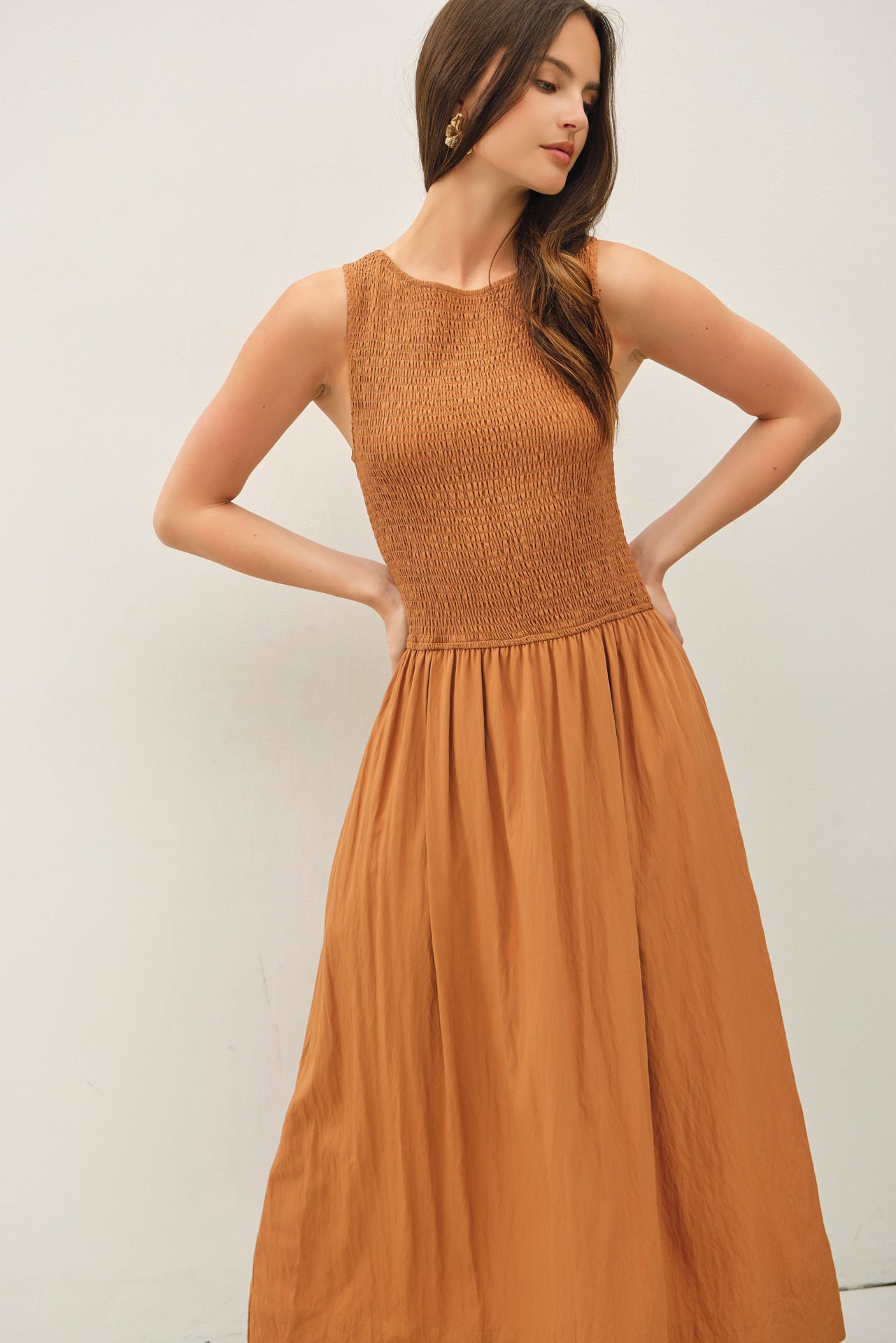 Smocked Bodice Boatneck Tank Midi Dress