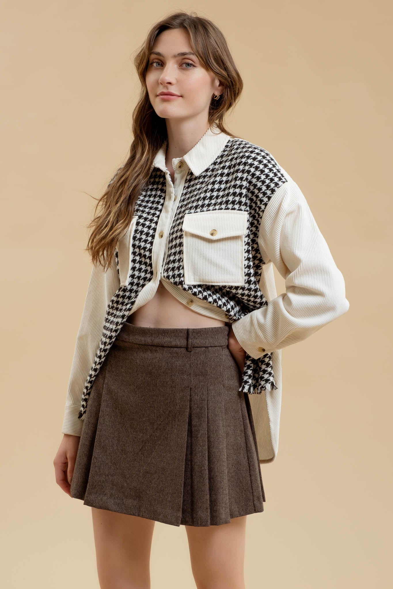 Colorblock Houndstooth Shacket