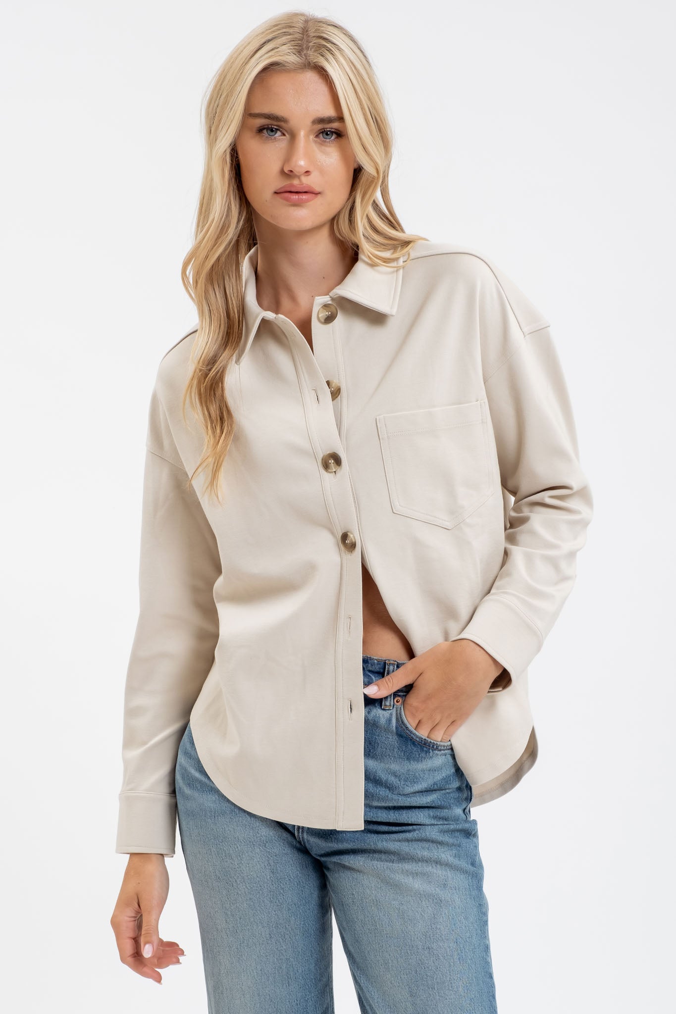 Solid Collared Long Sleeve Button Down Shacket