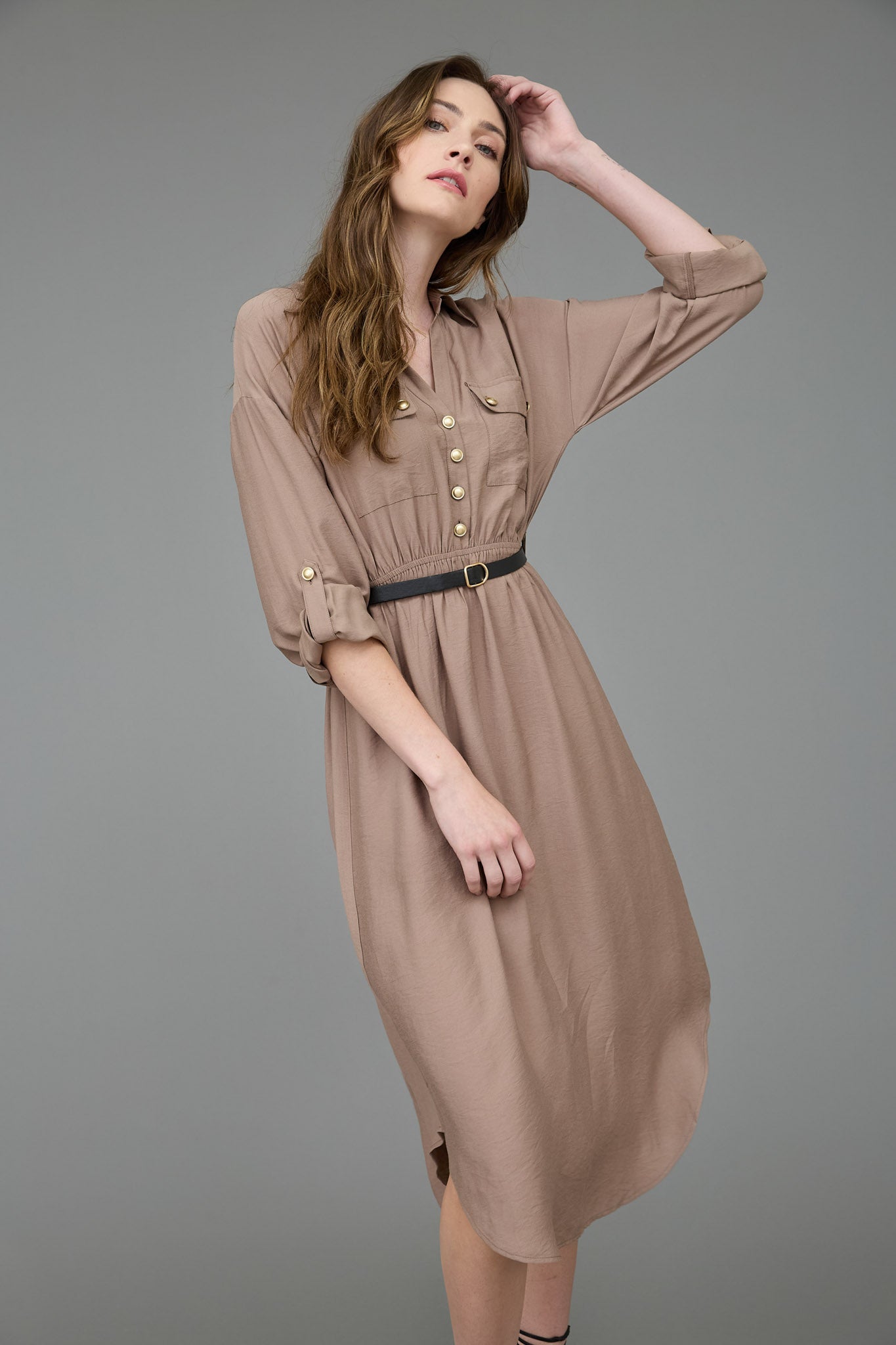 Collared Half Button 3/4 Sleeve Belted Midi Dress