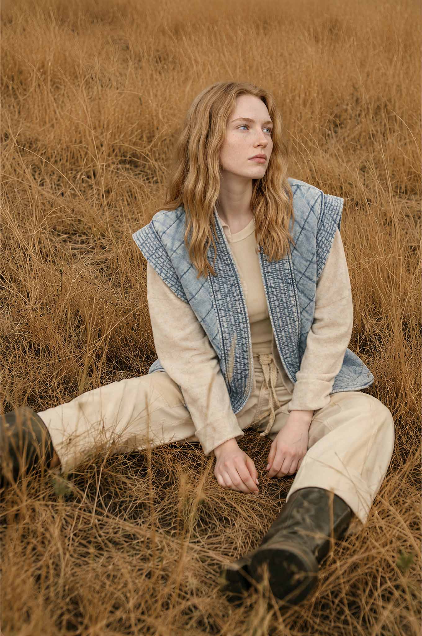 Washed Denim Quilted Shawl Vest