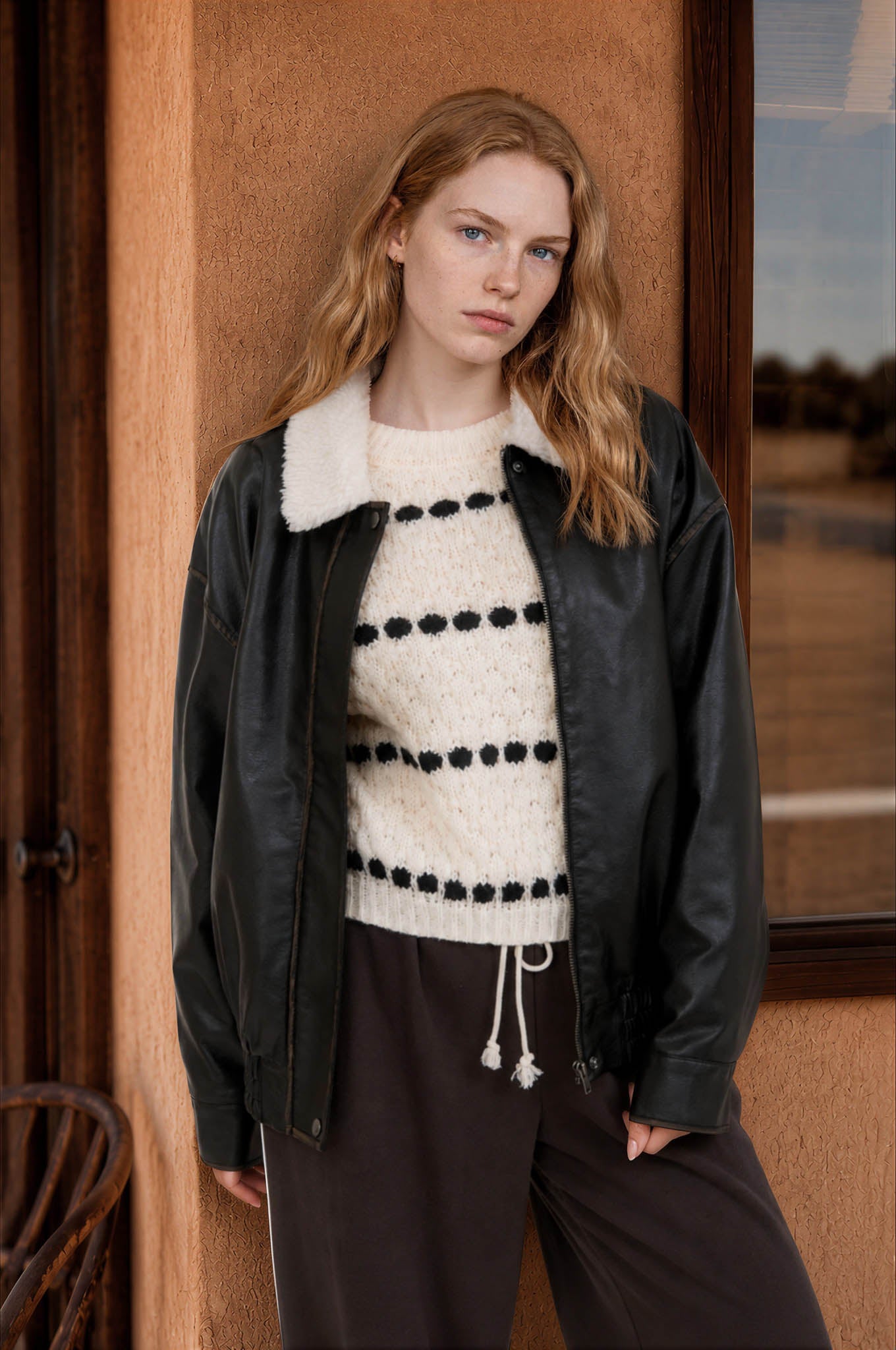 Faux Leather Shearling Collar Zip-Up Jacket
