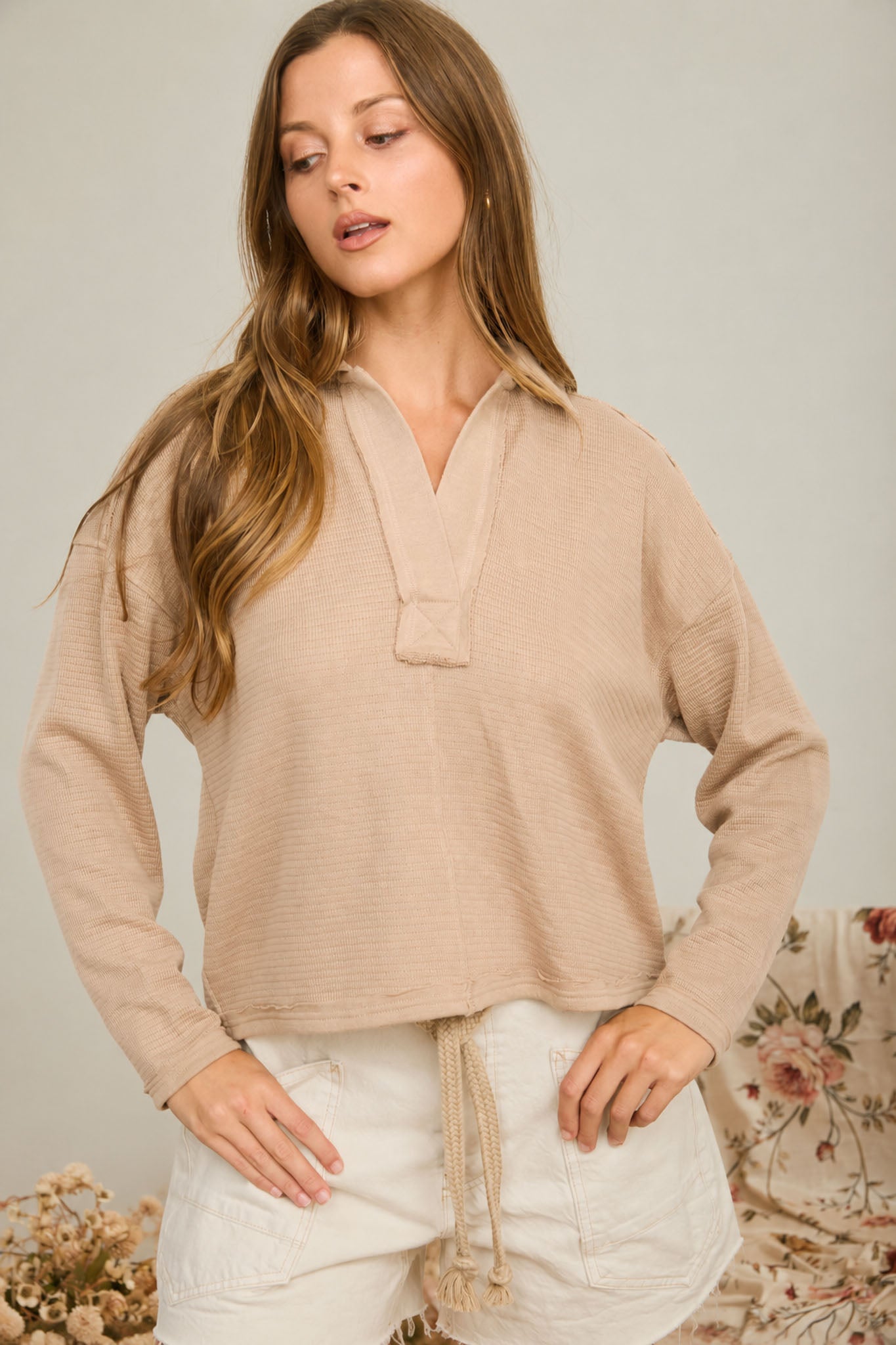 Exposed Seam Long Sleeve Textured Knit Polo