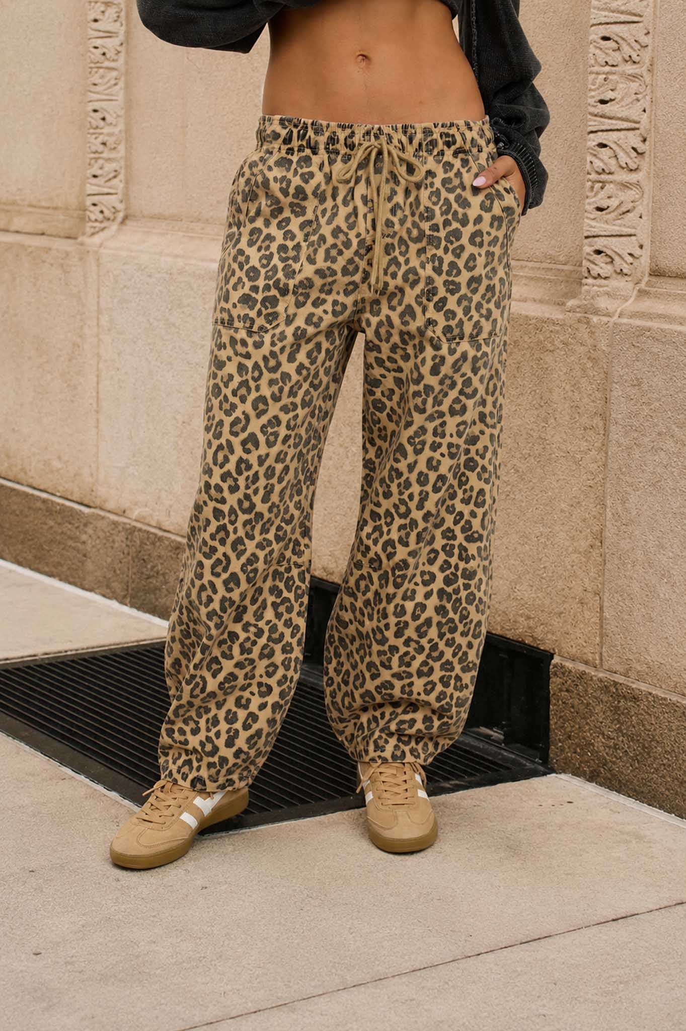 Leopard Print Drawstring Barrel Pants