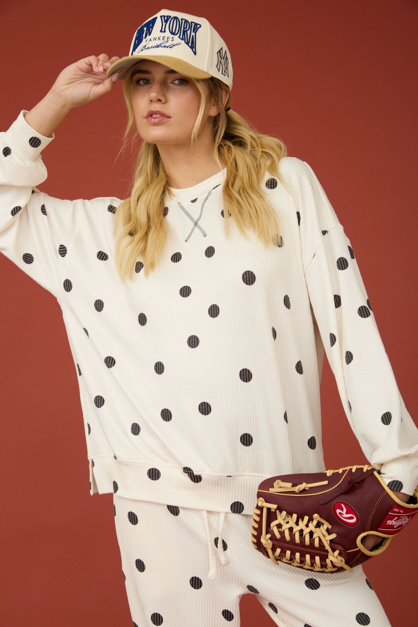 Polka Dot Textured Long Sleeve Crew Knit Top