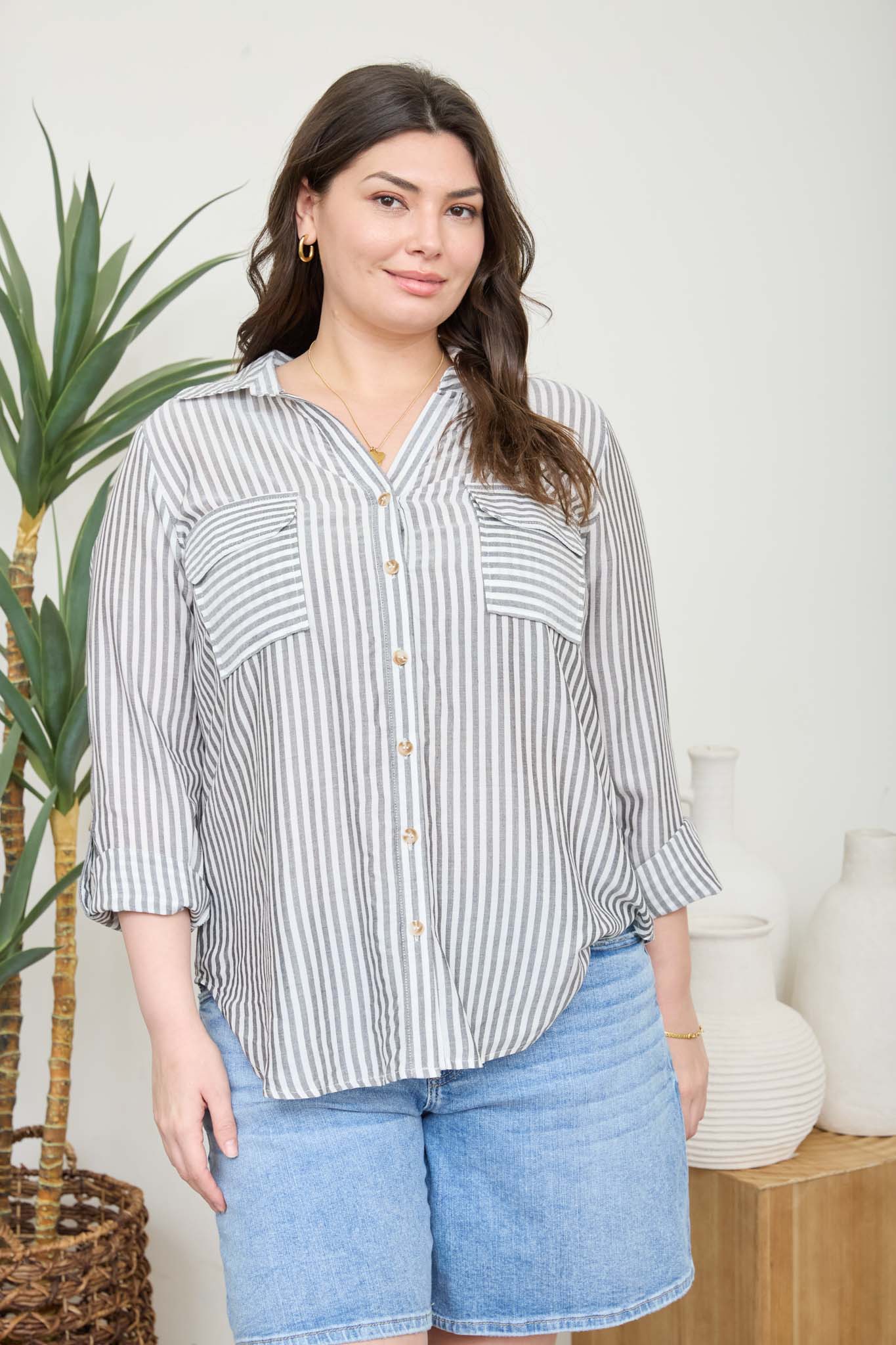 Plus Stripe Collared Button Down Lightweight Shirt