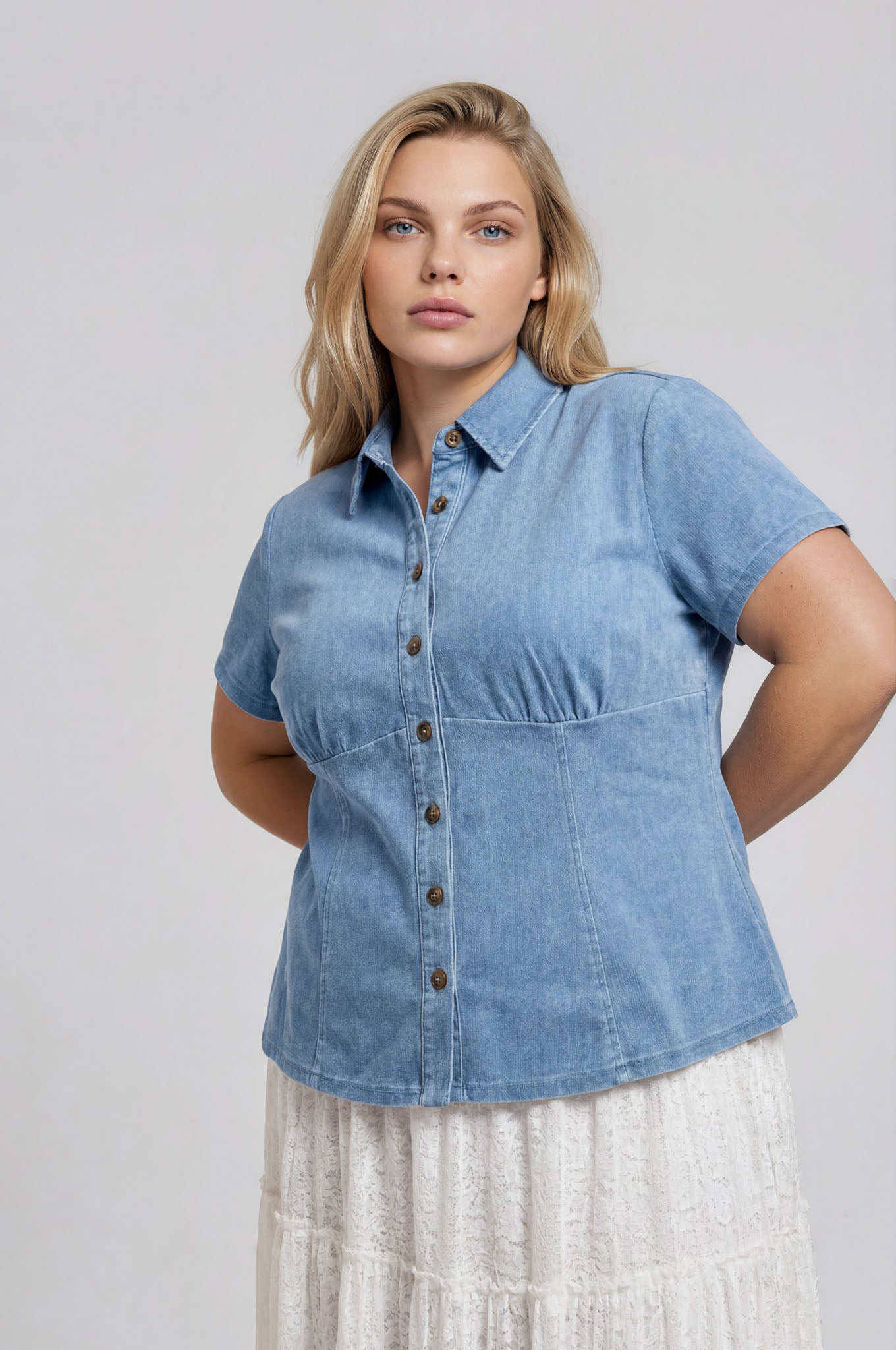 Plus Collared Button Down Cinched Waist Denim Top