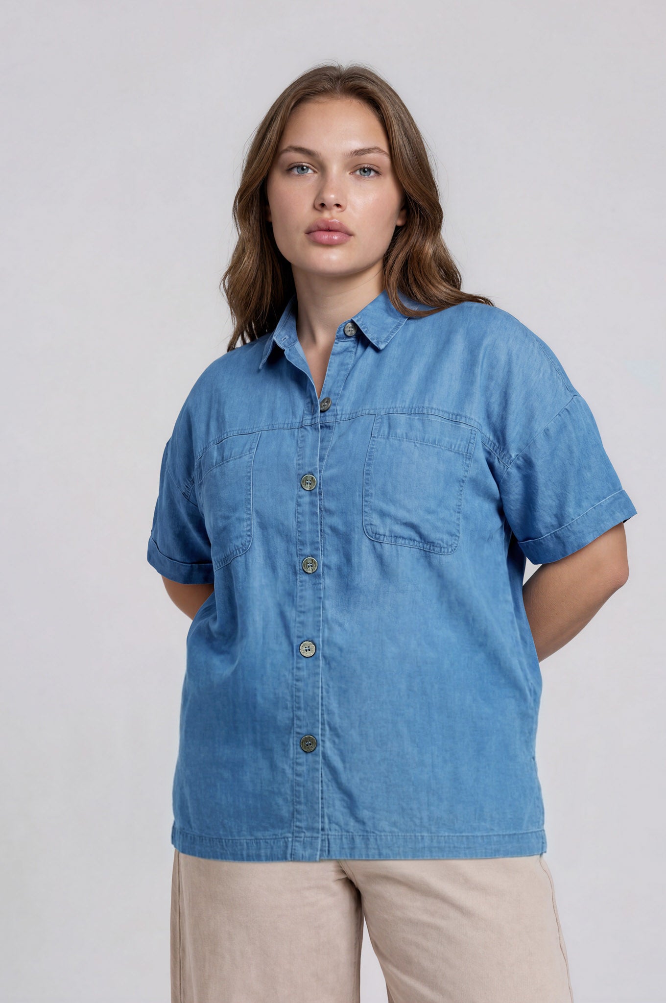 Plus Chambray Button Down Side Slit Short Sleeve Top