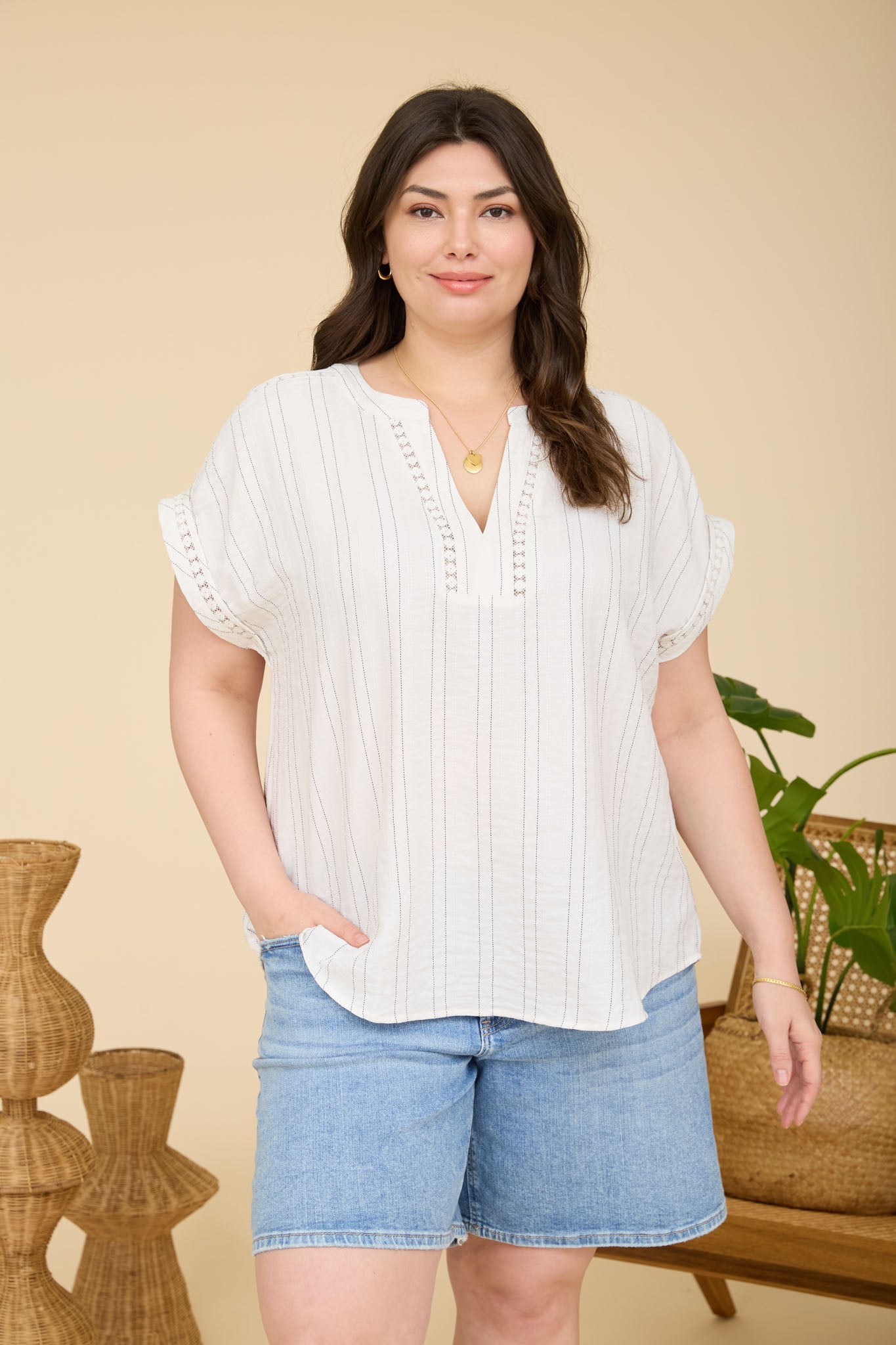 Plus Textured Woven Pattern Line Lace Detail Top