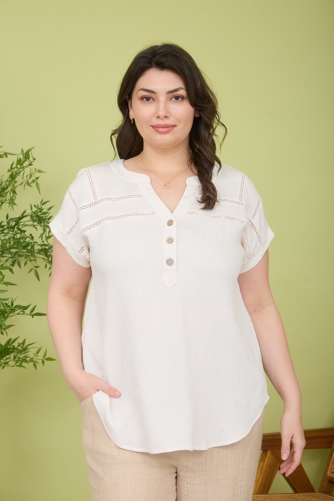 Plus Crochet Line Lace Half Button Top