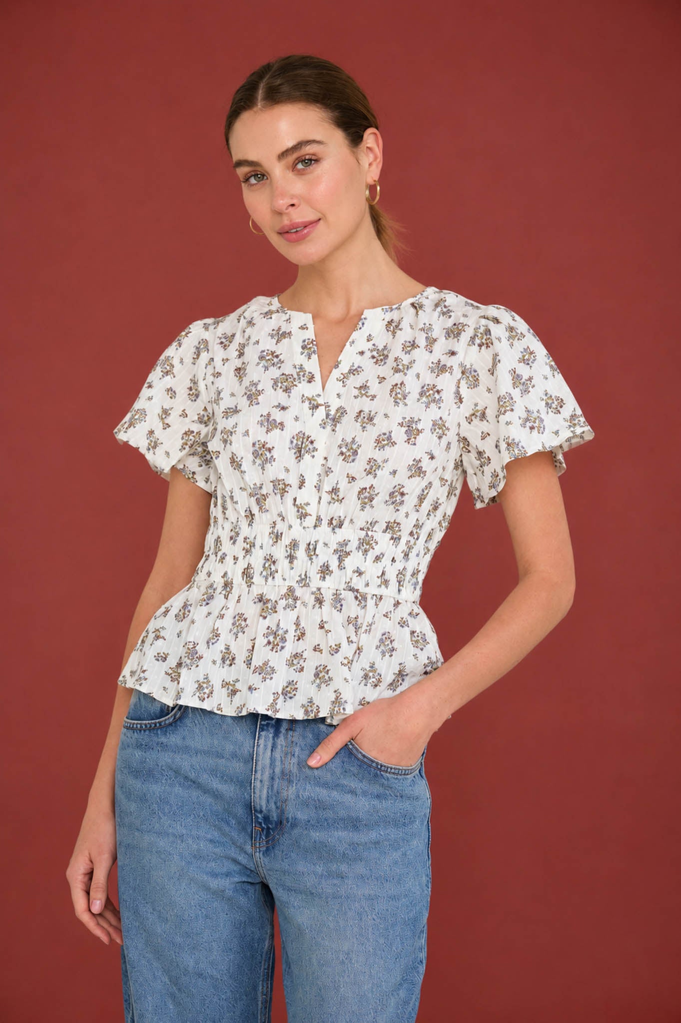 Floral Clip Dot Split Neck Bell Sleeve Top