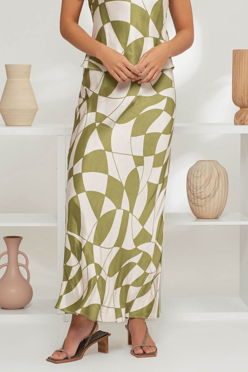 Geo Checkered Print Satin Midi Skirt