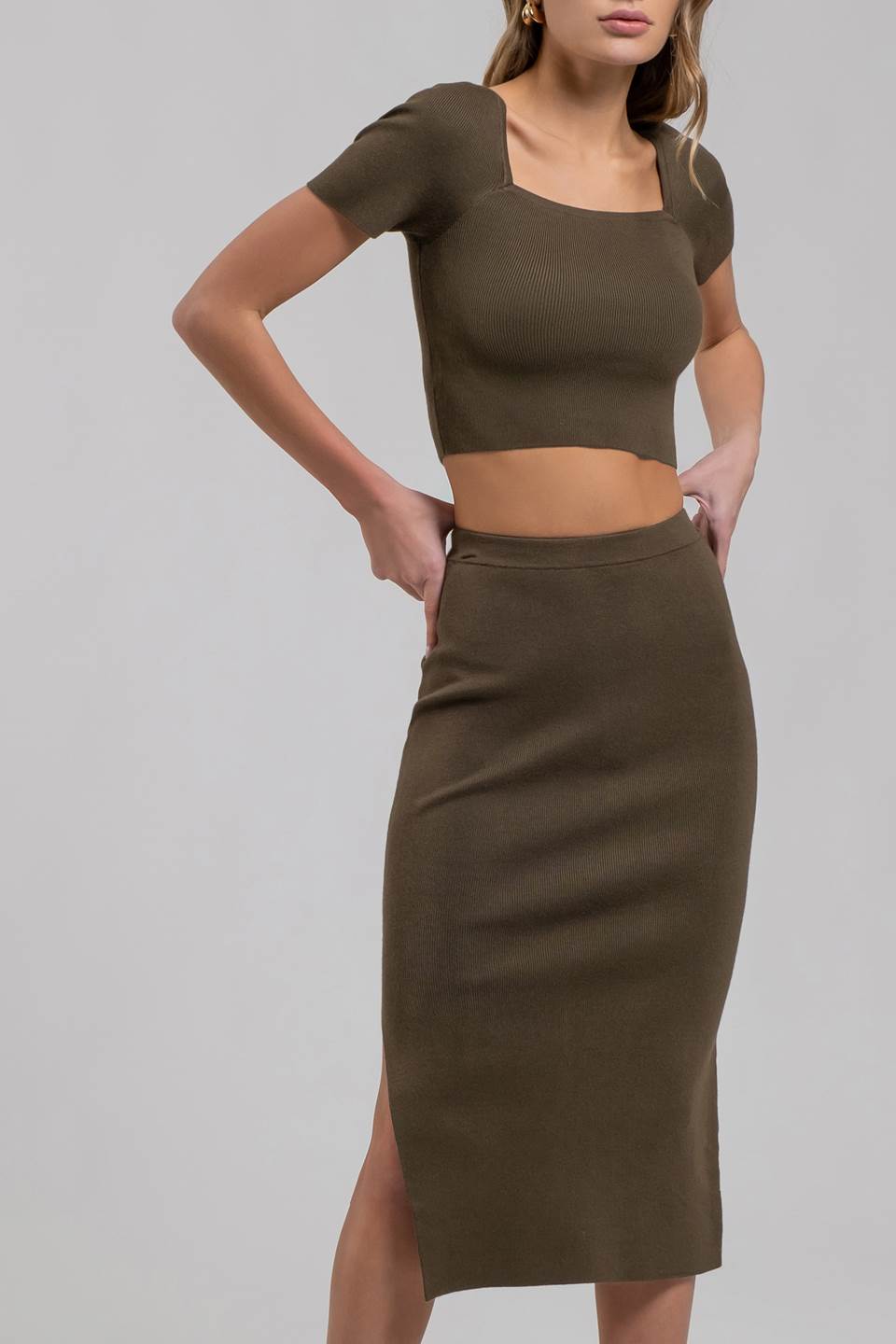 High Waist Side Slit Sweater Knit Midi Skirt