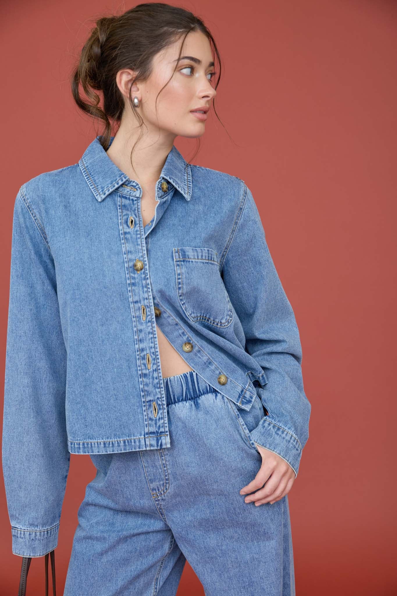 Acid Wash Collared Long Sleeve Boxy Denim Shirt