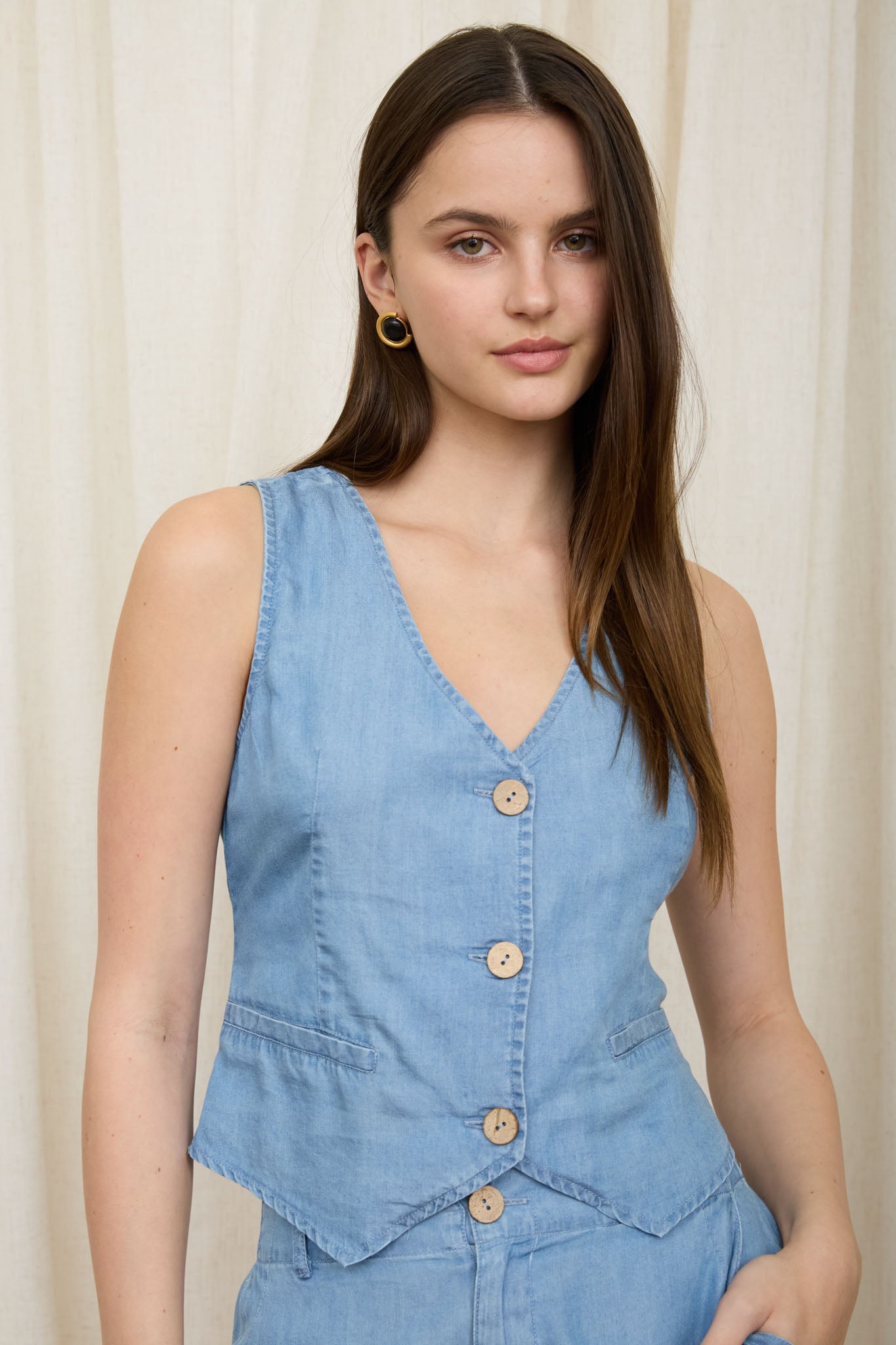 Chambray V Neck Button Down Vest Top