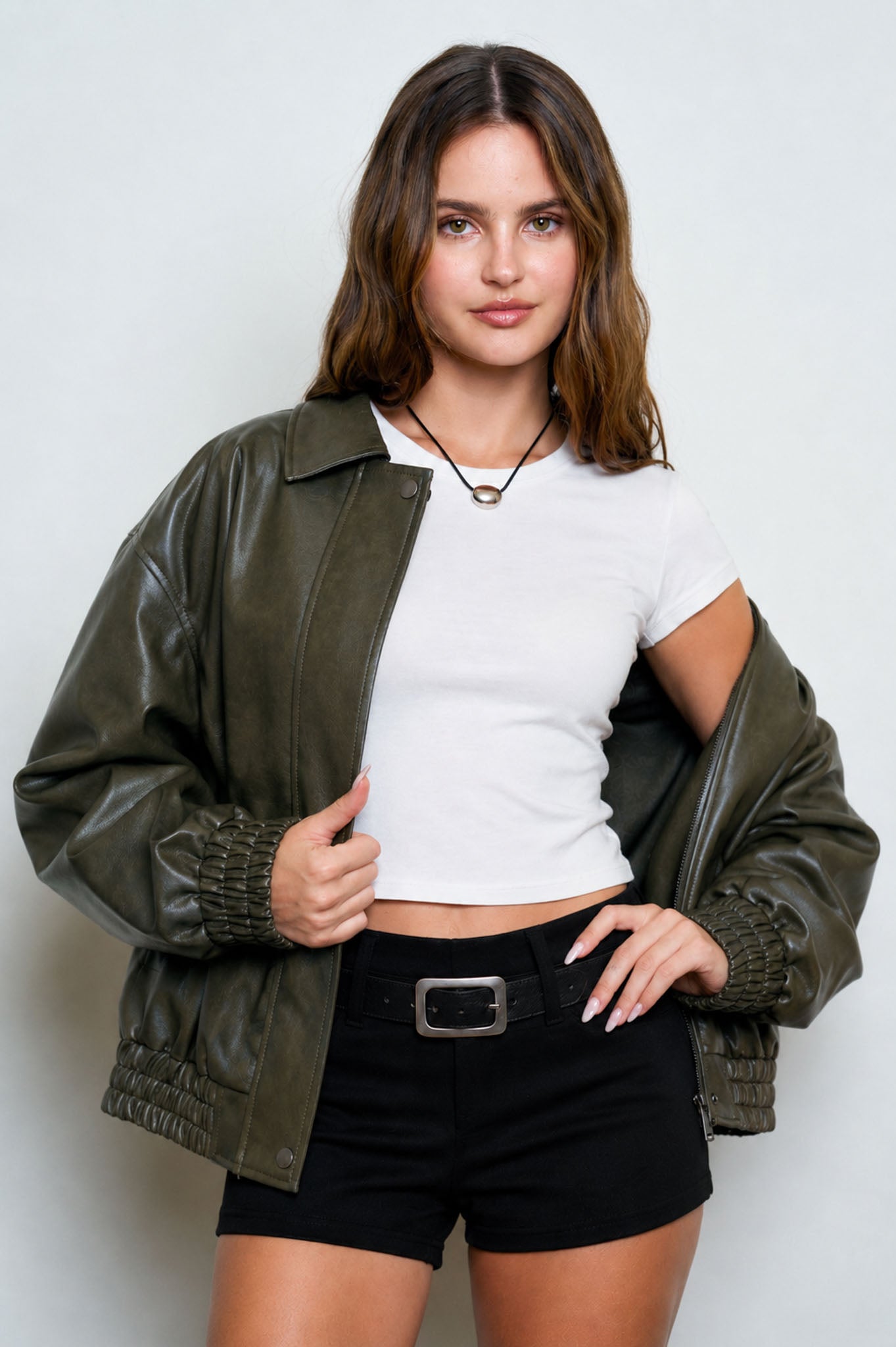 Faux Leather Collared Zip-Up Bomber Jacket
