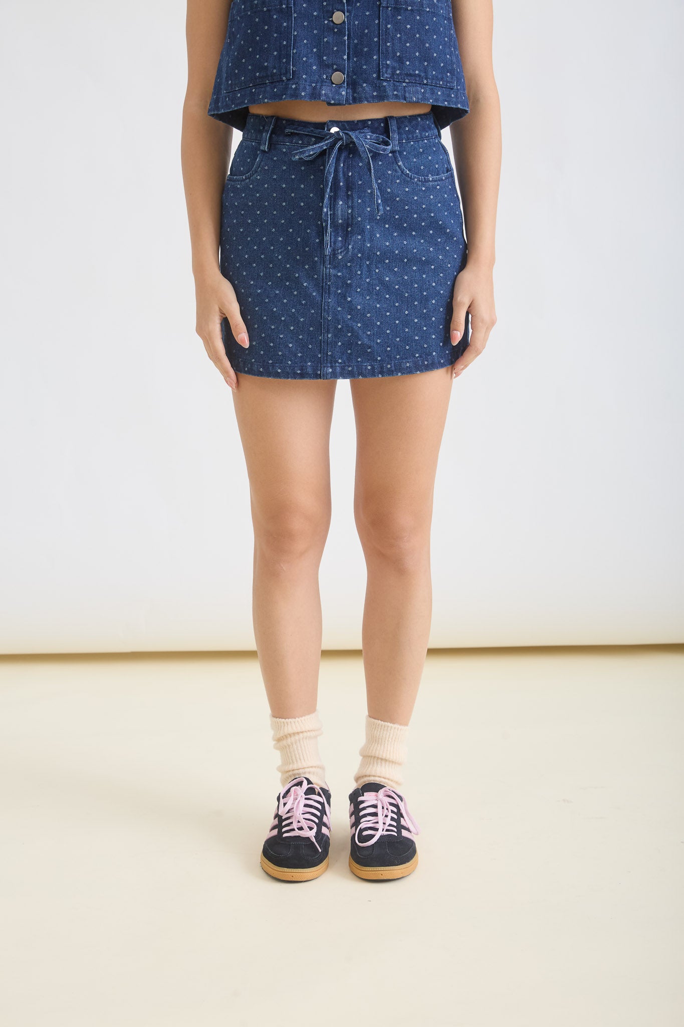 Polkadot Belt Tie Denim Mini Skirt