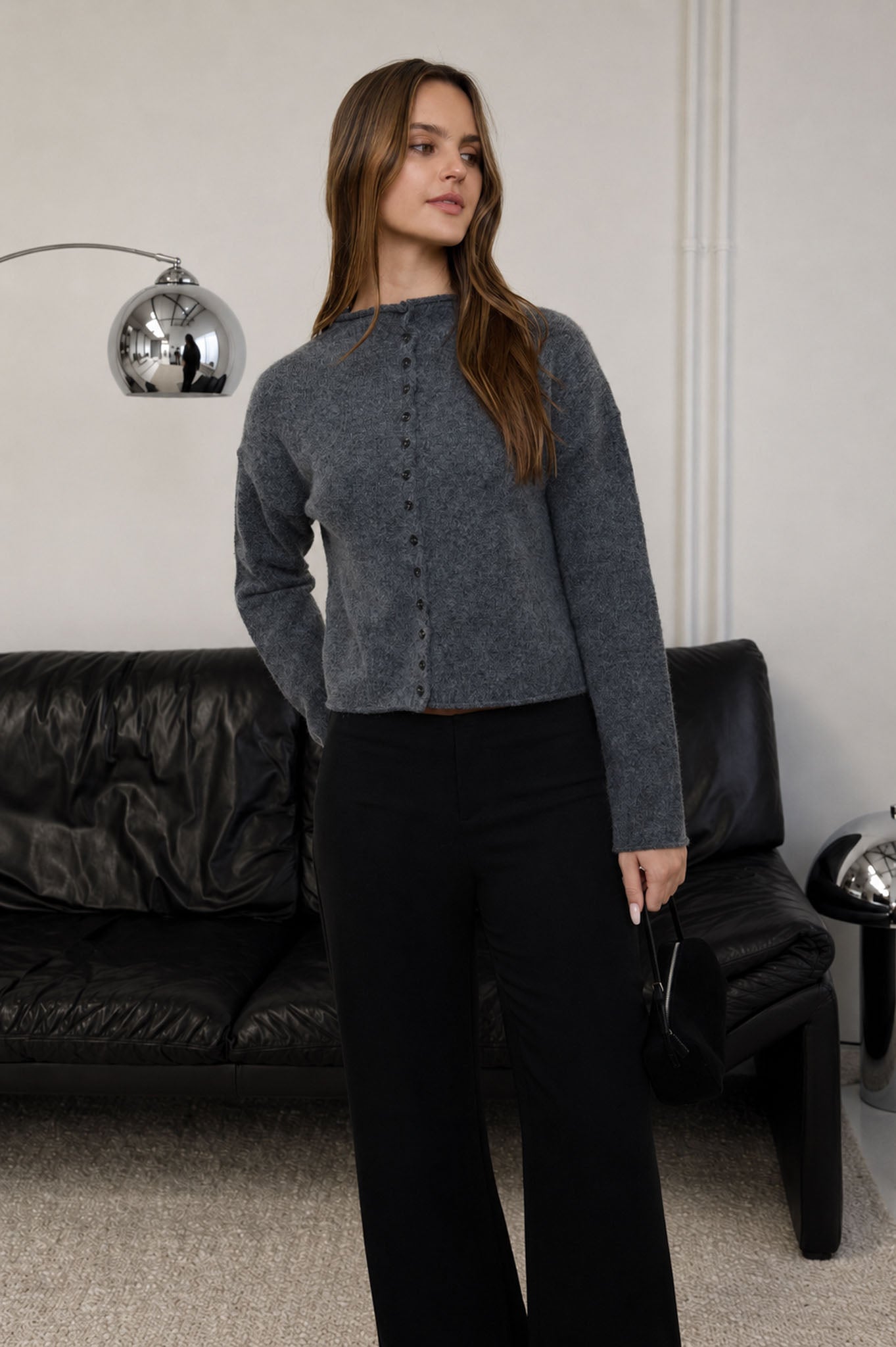 Raw Edge Mock Neck Button Down Cardigan