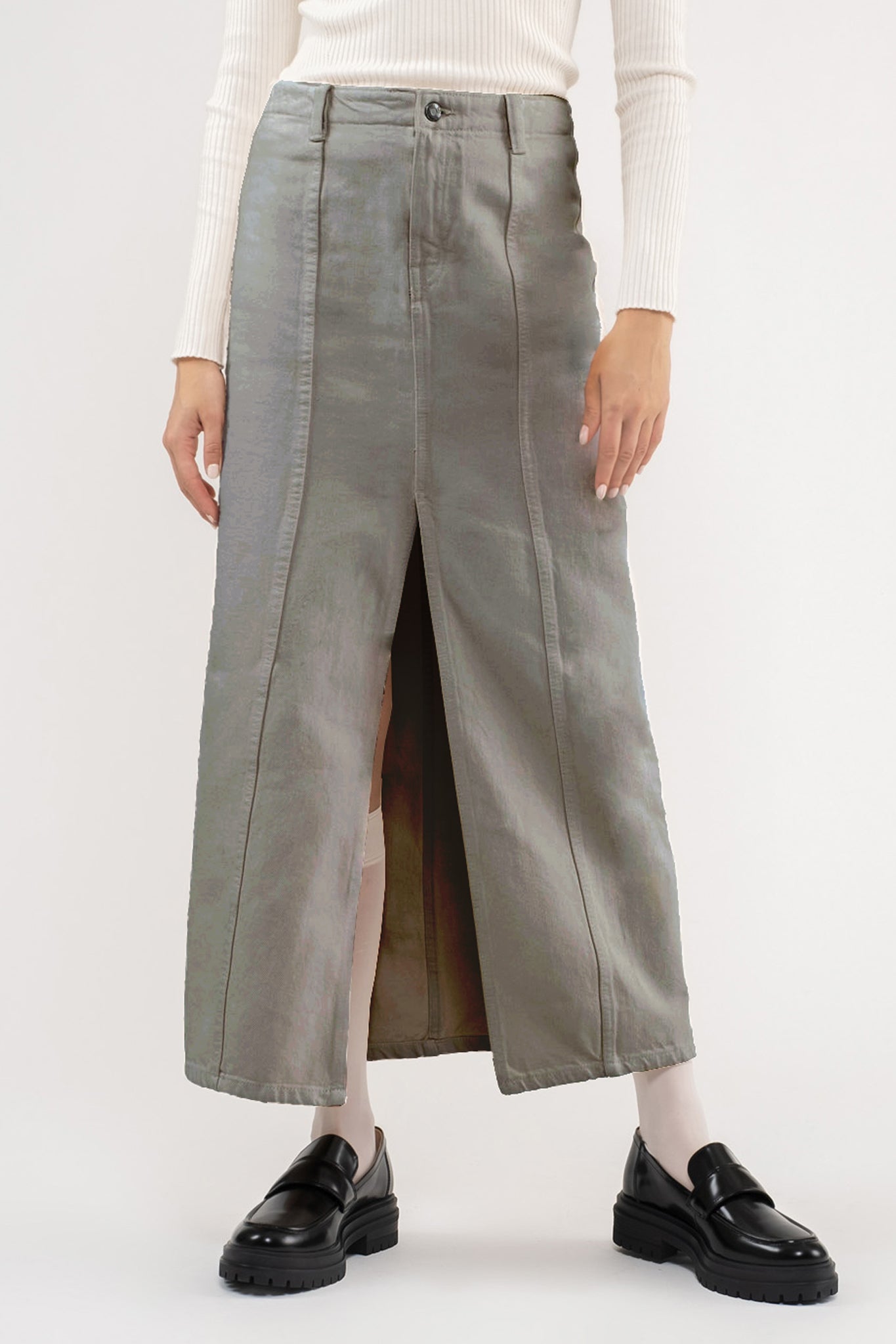 Front Slit Denim Maxi Skirt