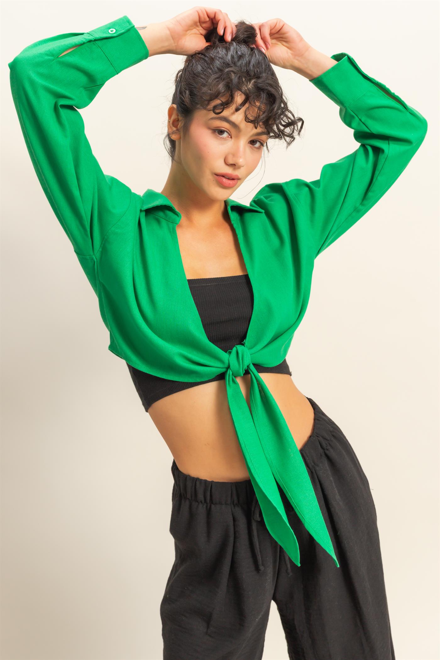 Sand Washed Tie Front Crop Top