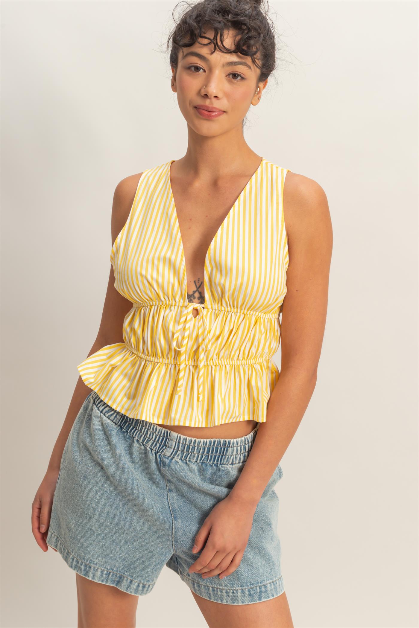 Striped Tie Front Peplum Sleeveless Top