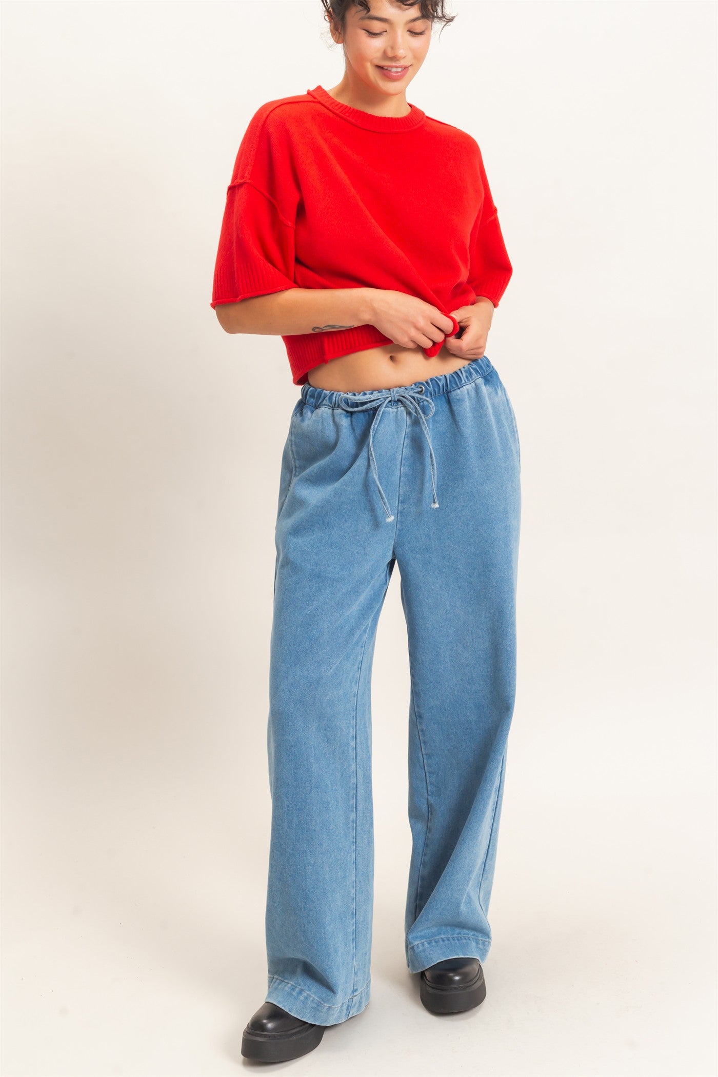 Elastic Waist Wide Leg Denim Pants