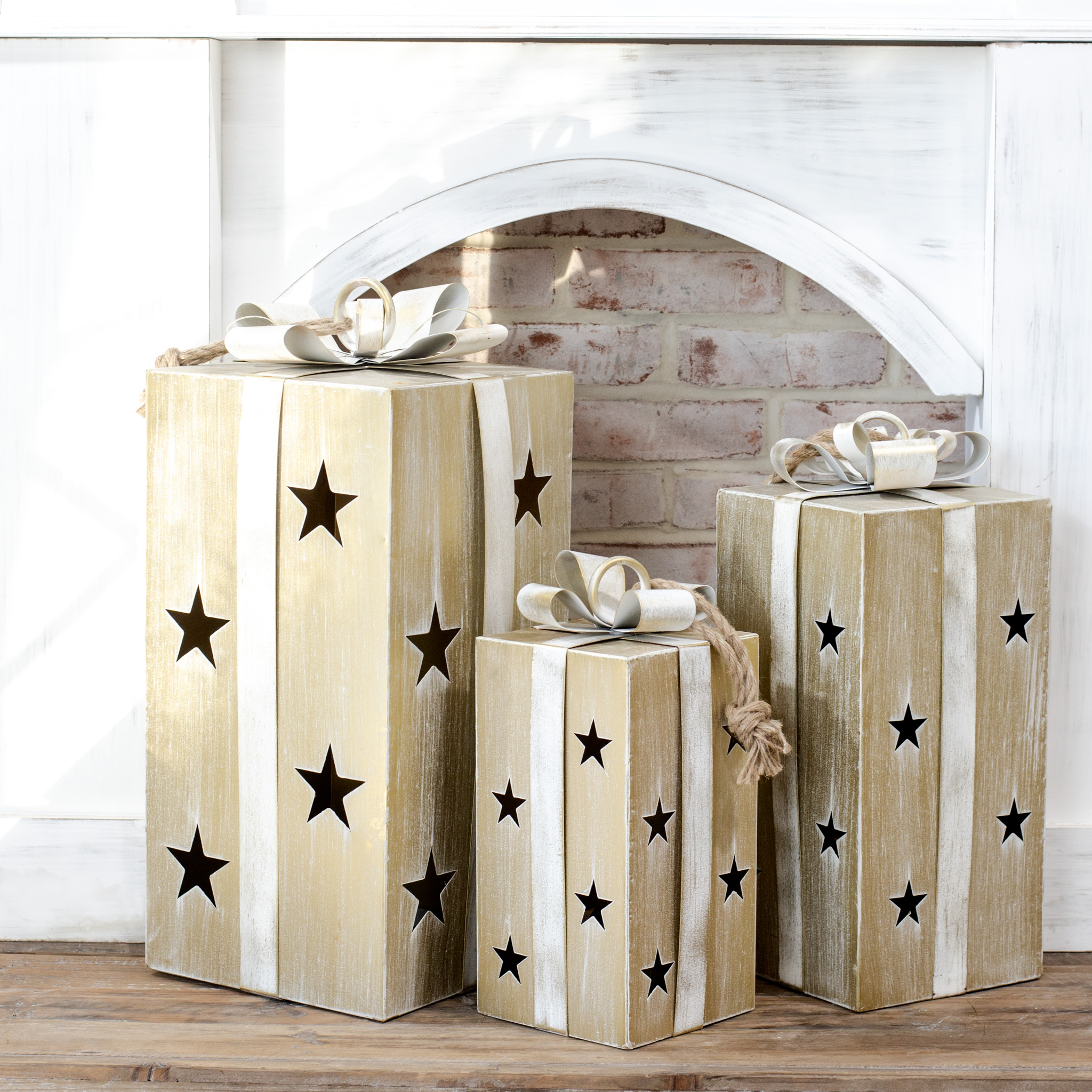 S/3 Brushed Gold Gift Box Decor