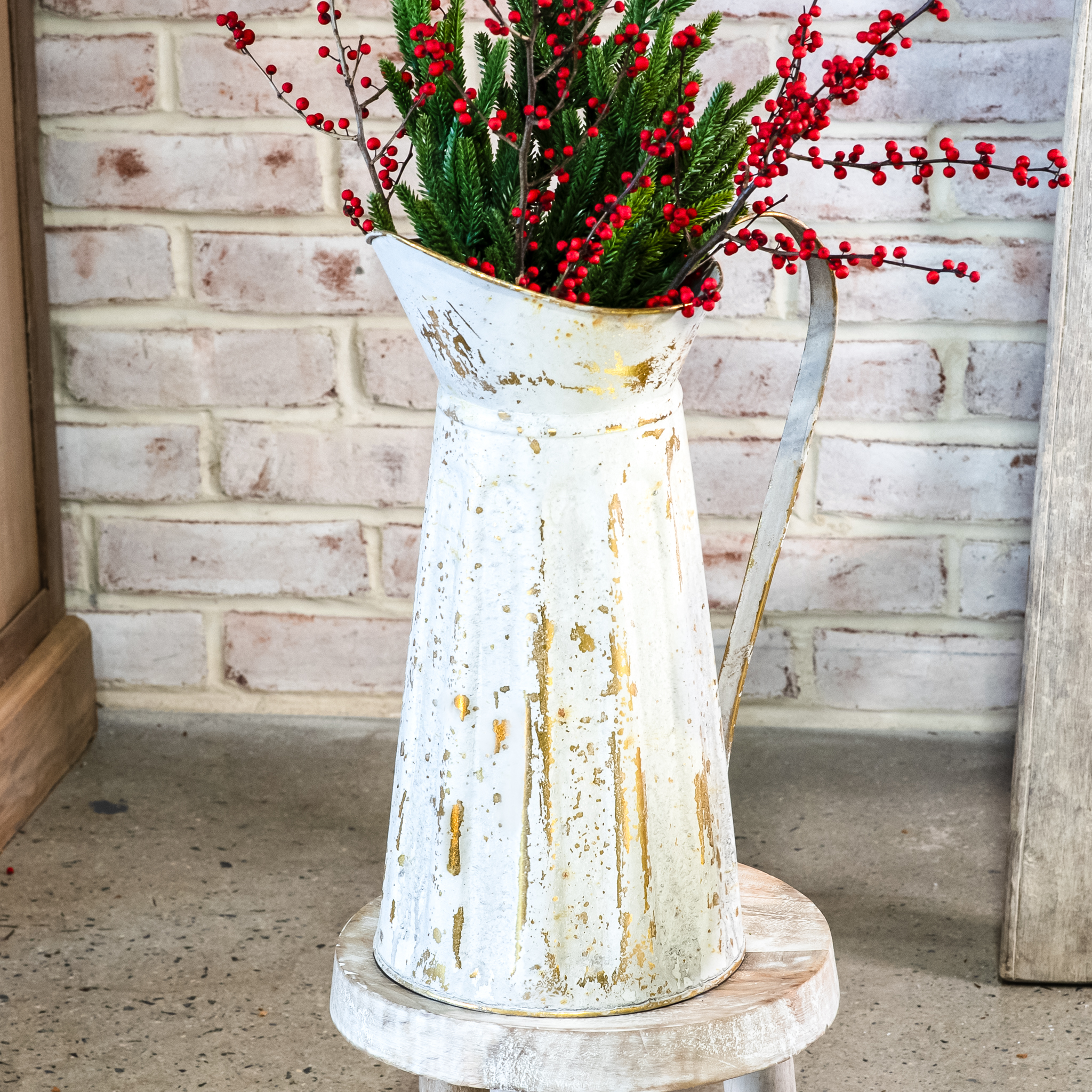 Vintage White 15"H Metal Pitcher