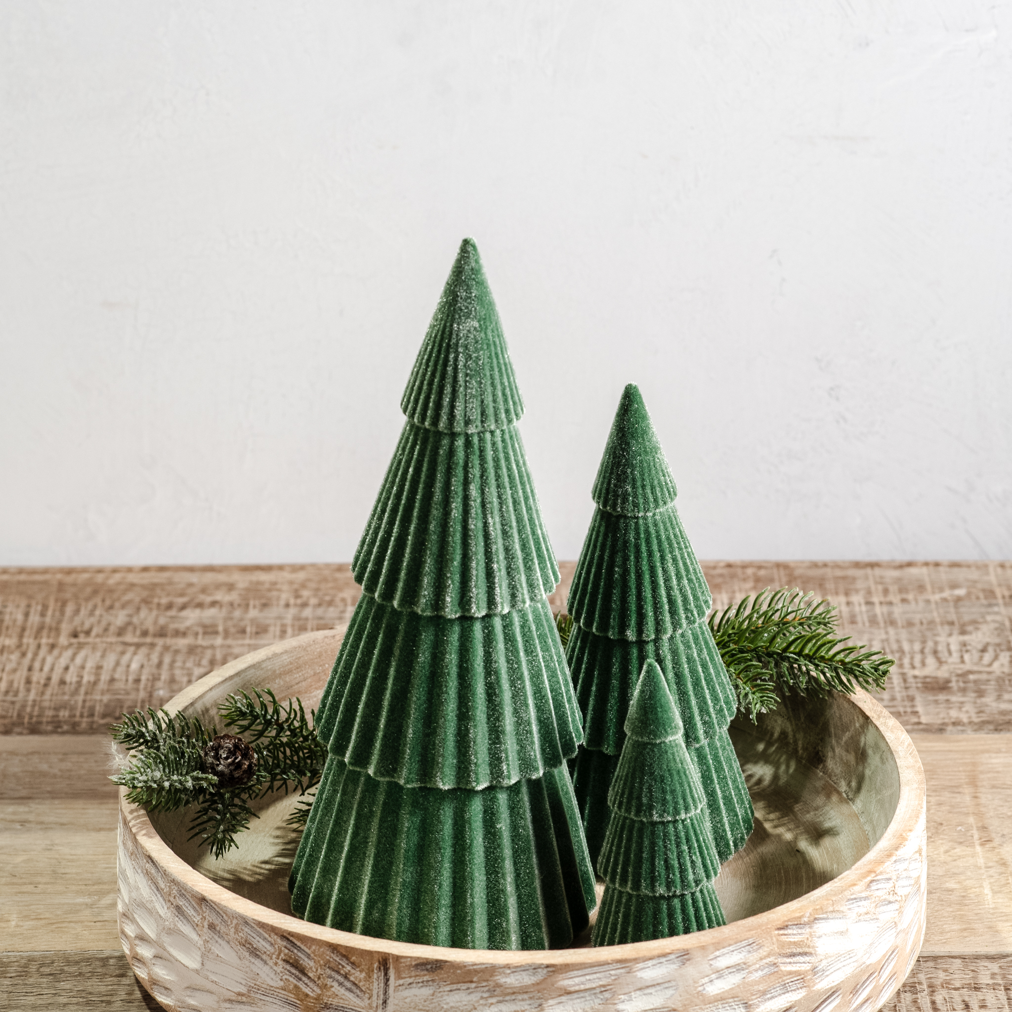 S/3 Green Velvet Flocked Trees