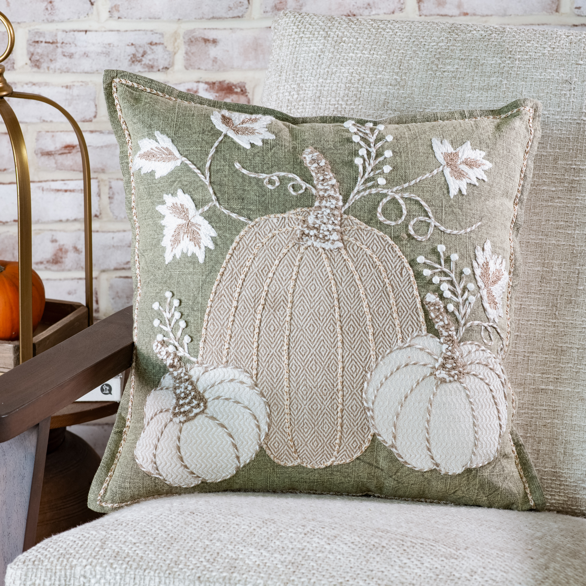 18 X 18 Autumn Pumpkins Green Pillow