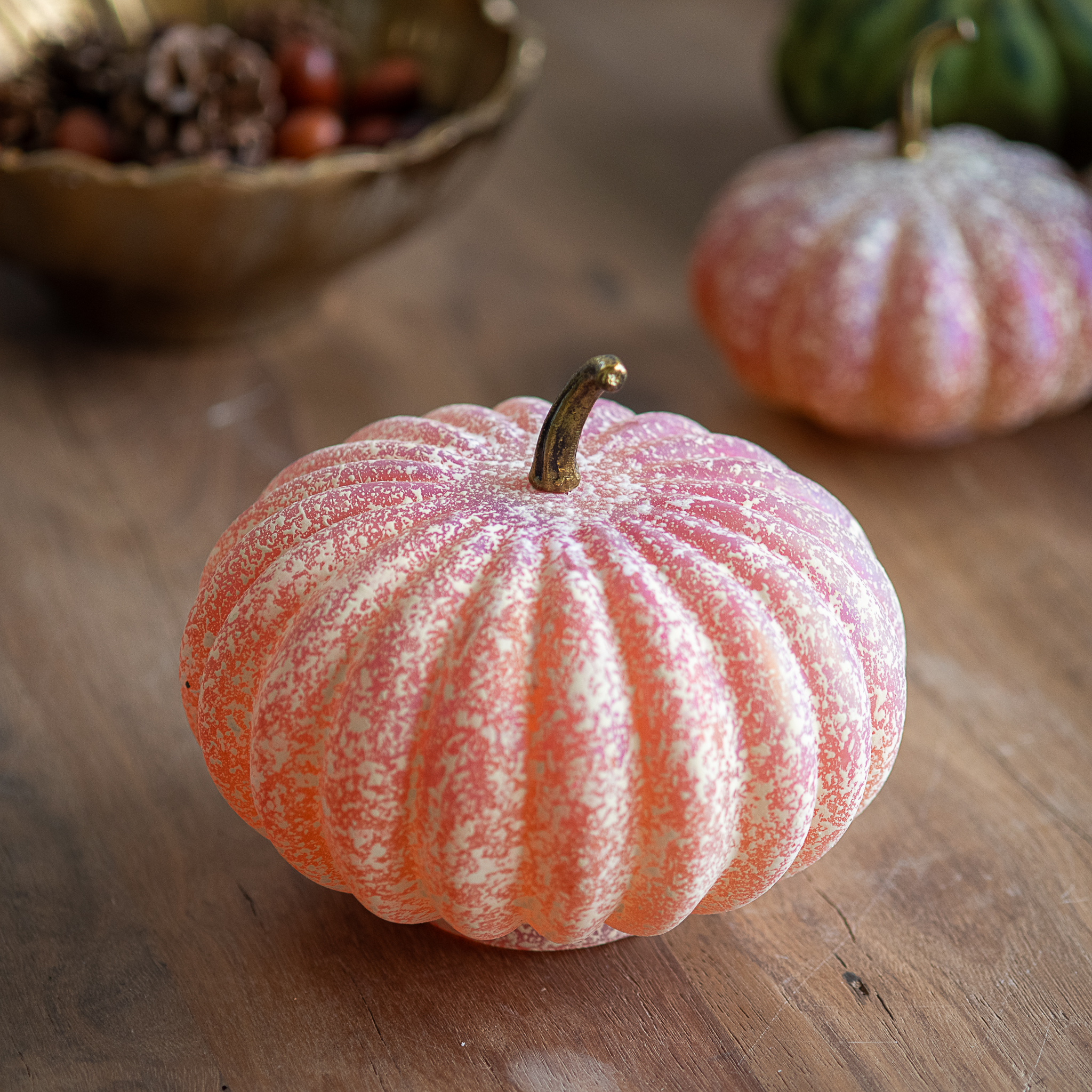 7.4" Org/Wht Rustic Pumpkin Decor