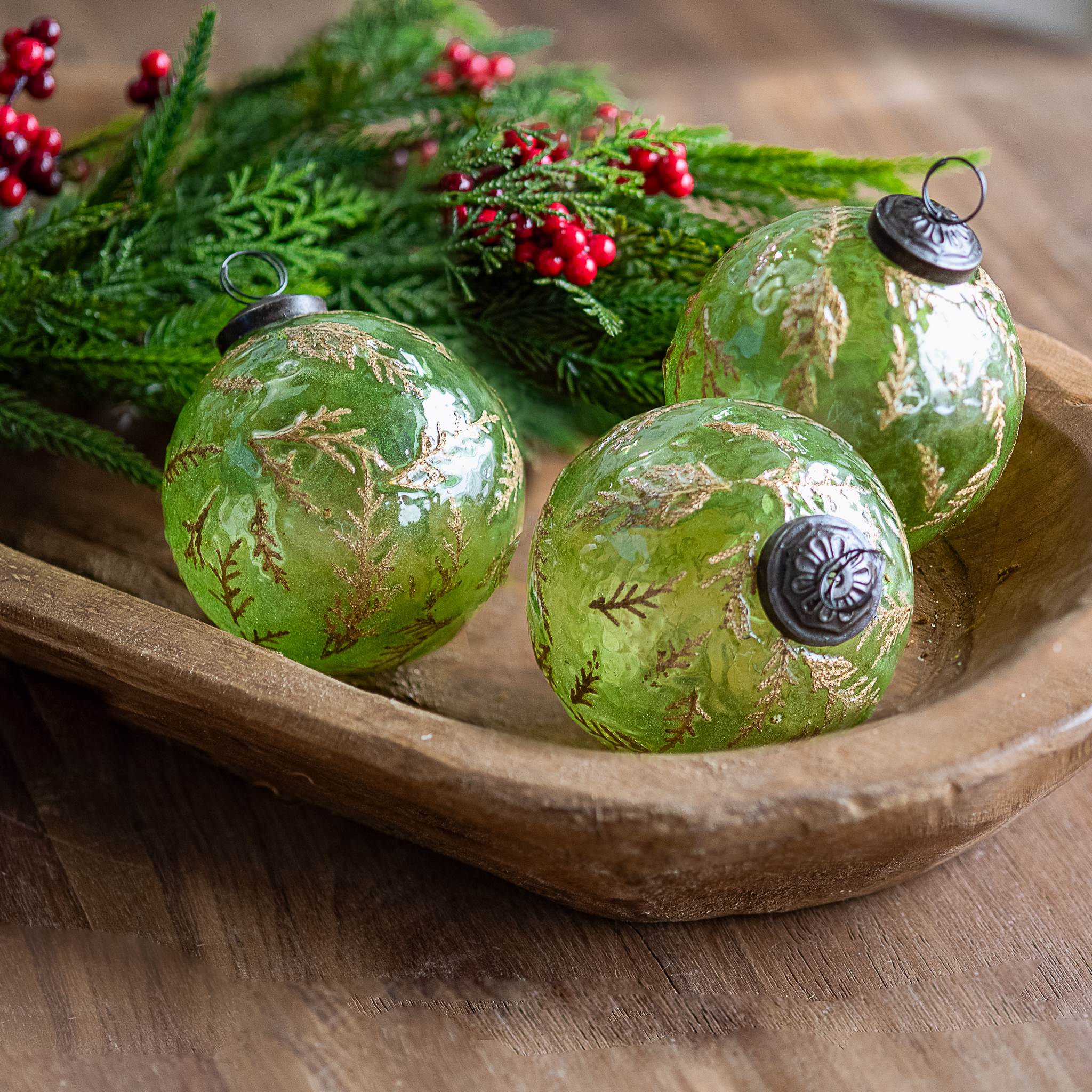 S/3 3.9" Grn/Gld Leaf Ornament