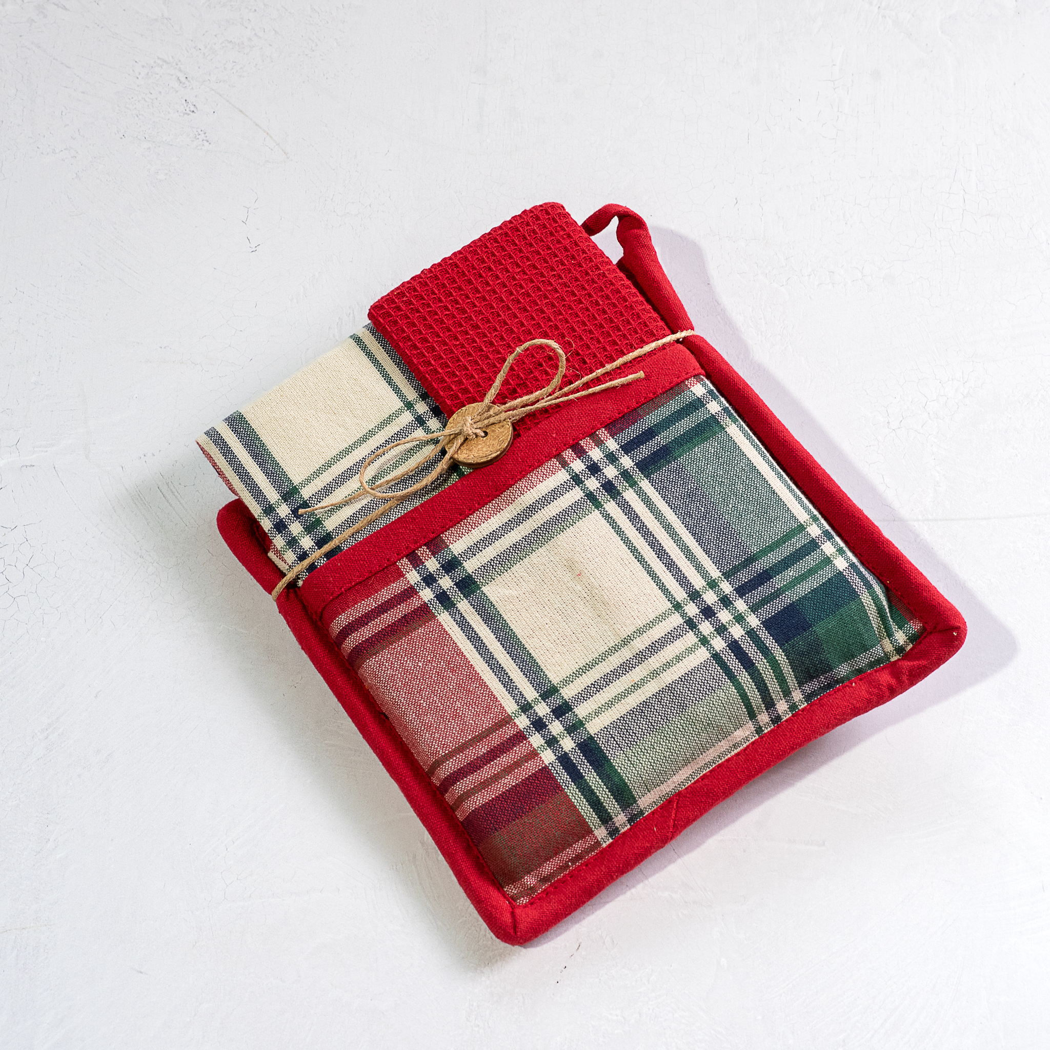 *Inner* Rd/Grn Plaid Potholder Towel Set