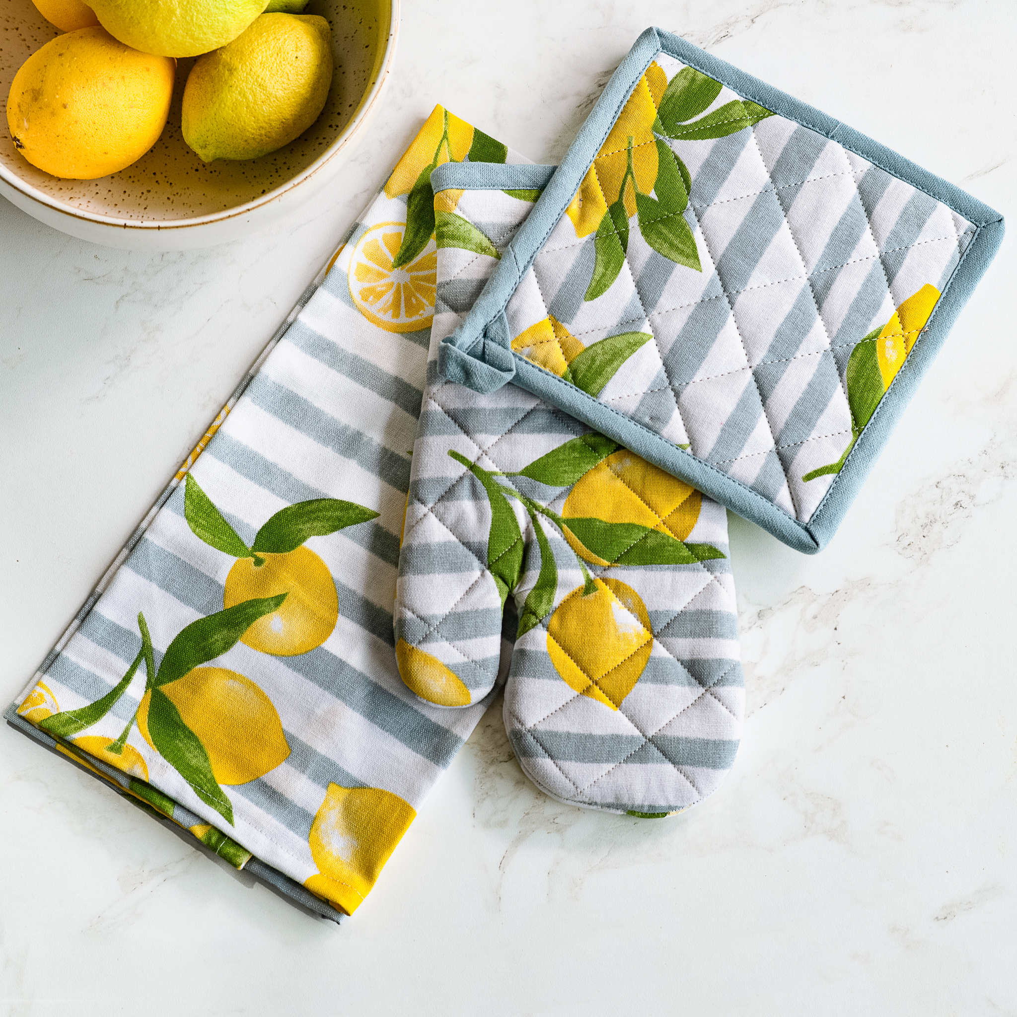 3 Pc Lemon Print Mit, Towel & Potholder Set