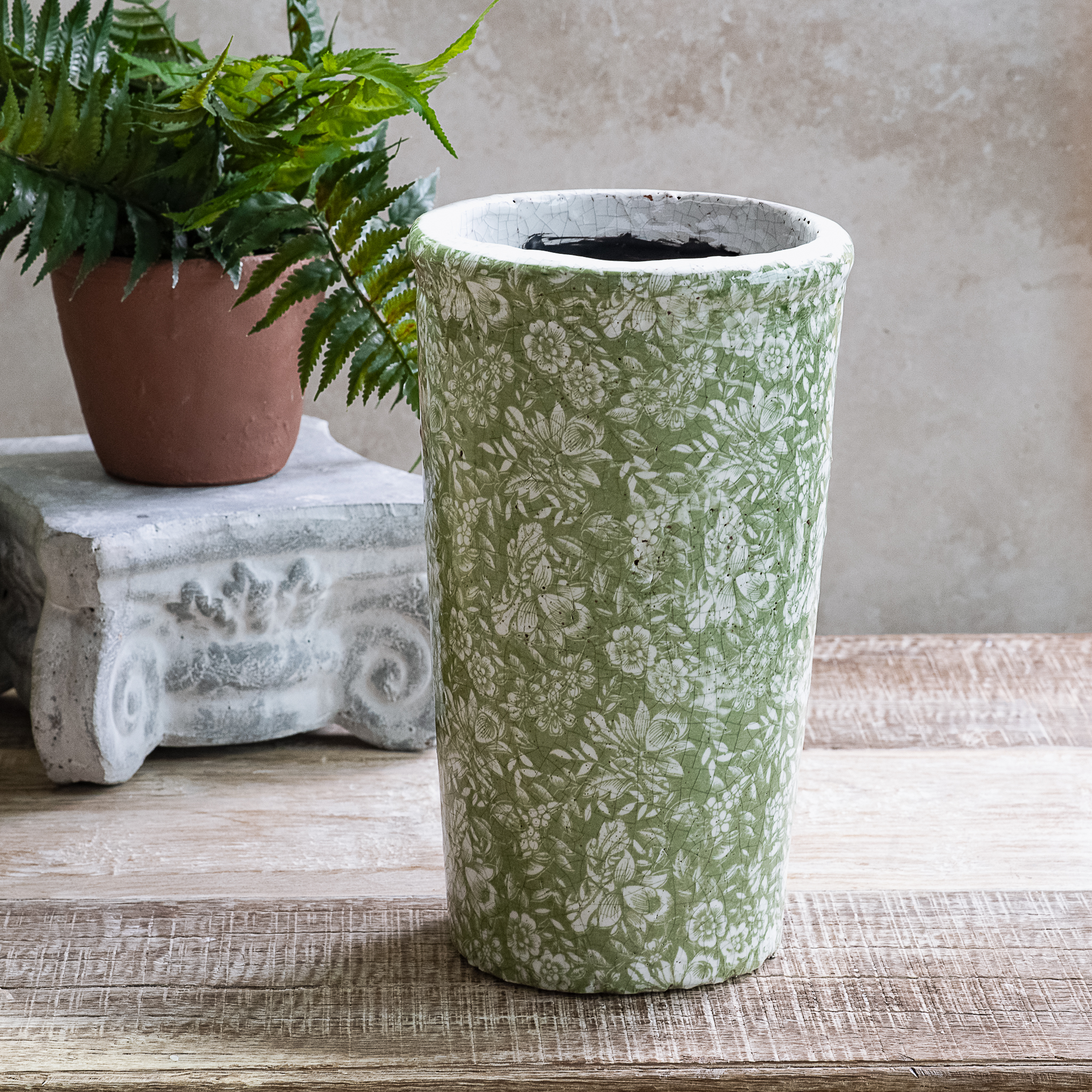 10" Green Floral Pattern Ceramic Vase