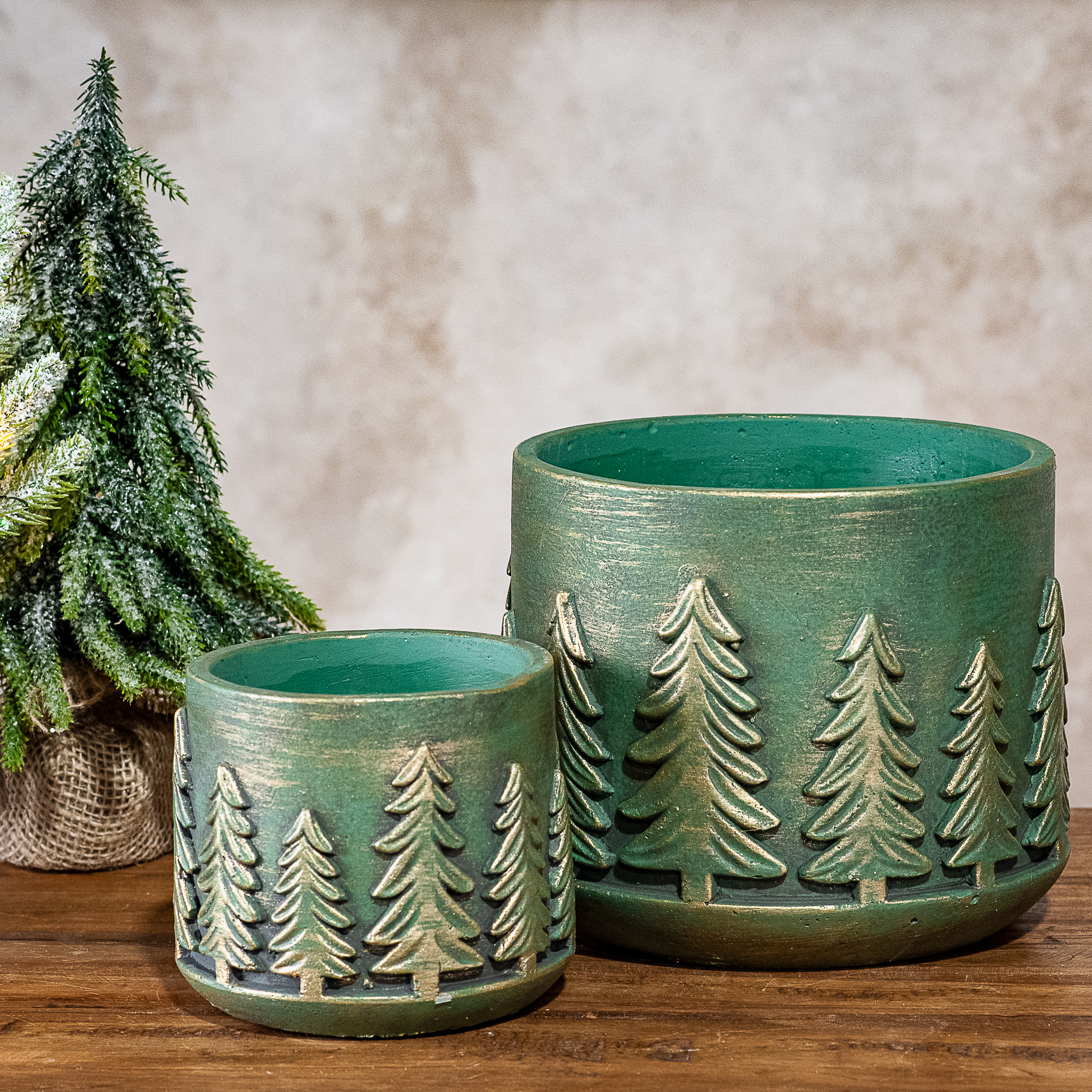 S/2 Green Tree Cement Planters