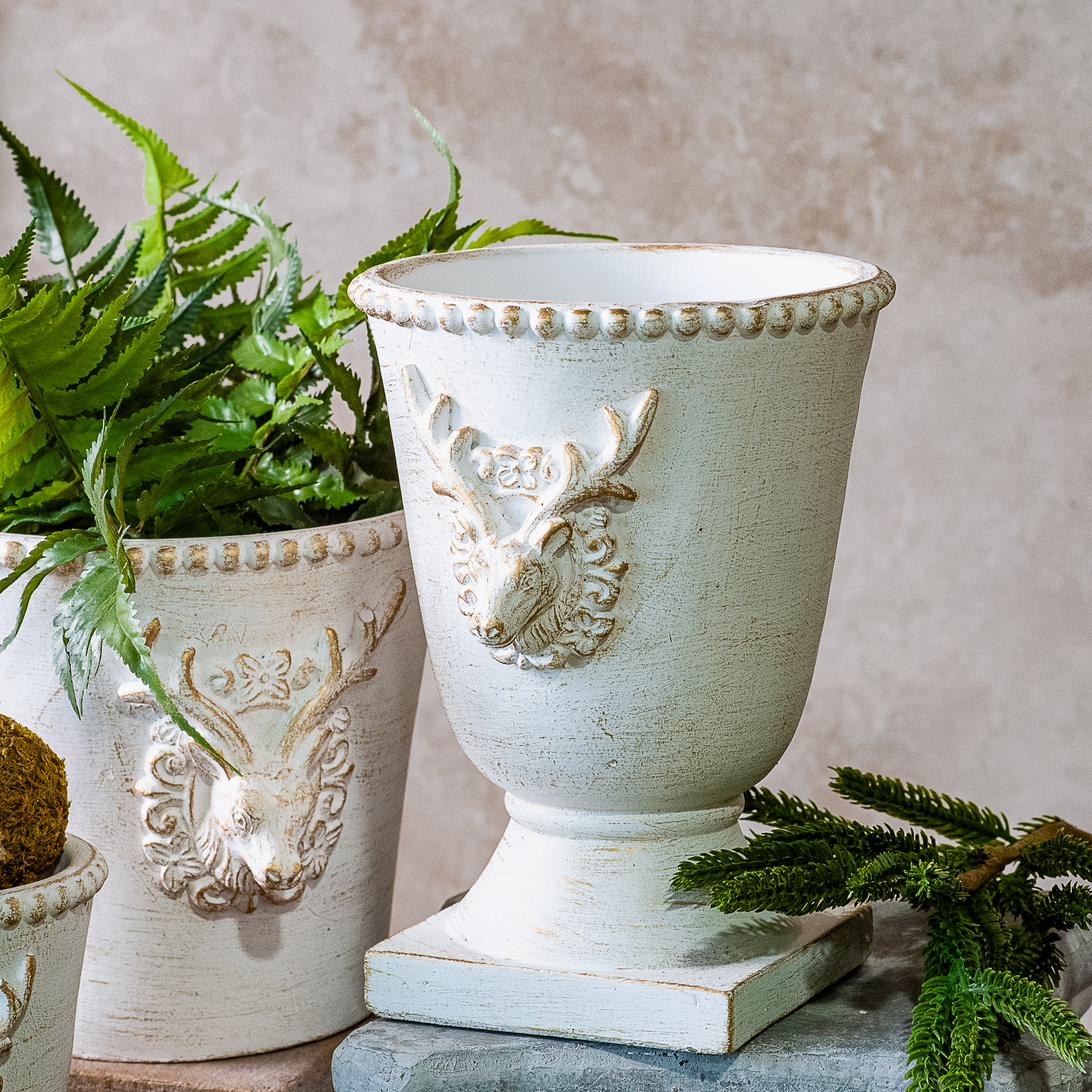 7.7" Gold Wash Cement Deer Urn Planter