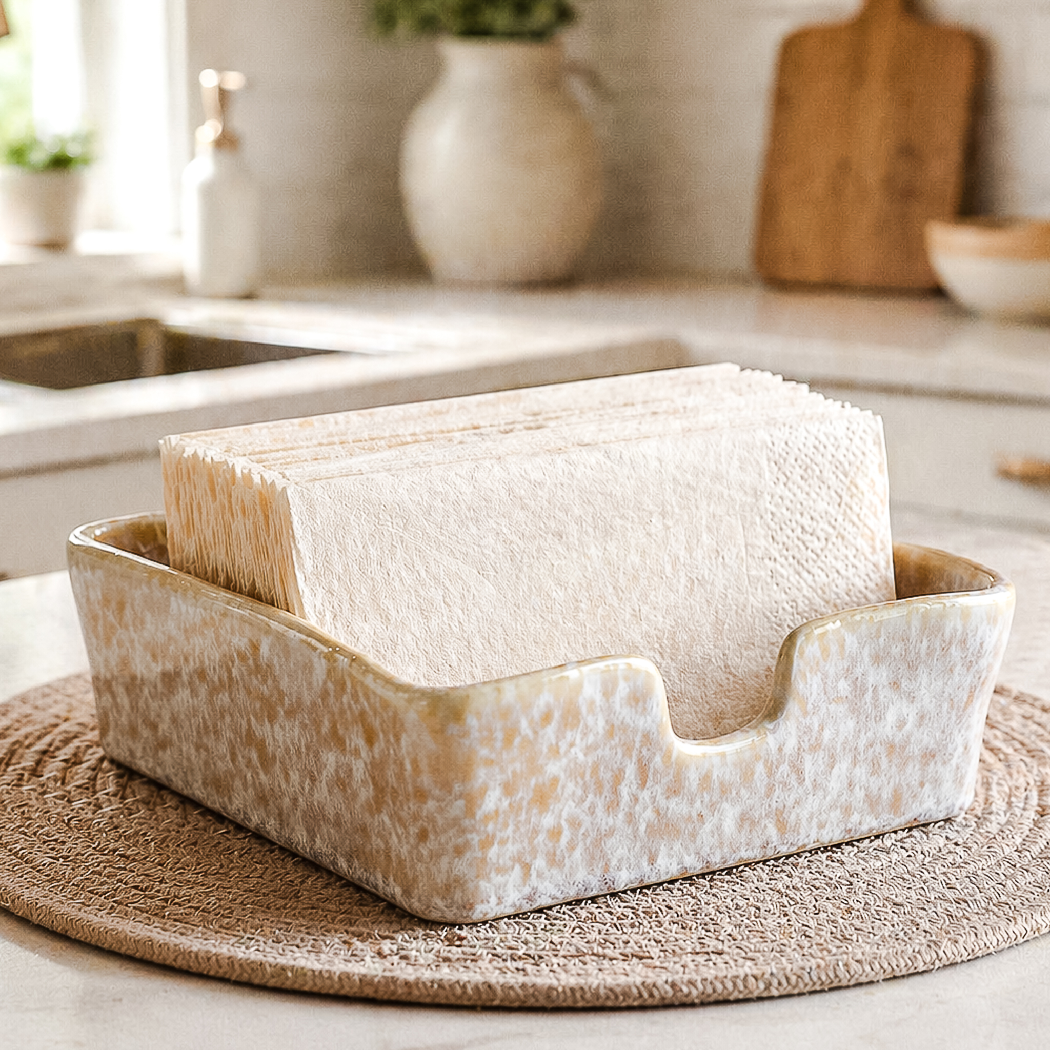 7" Beige Ceramic Napkin Holder