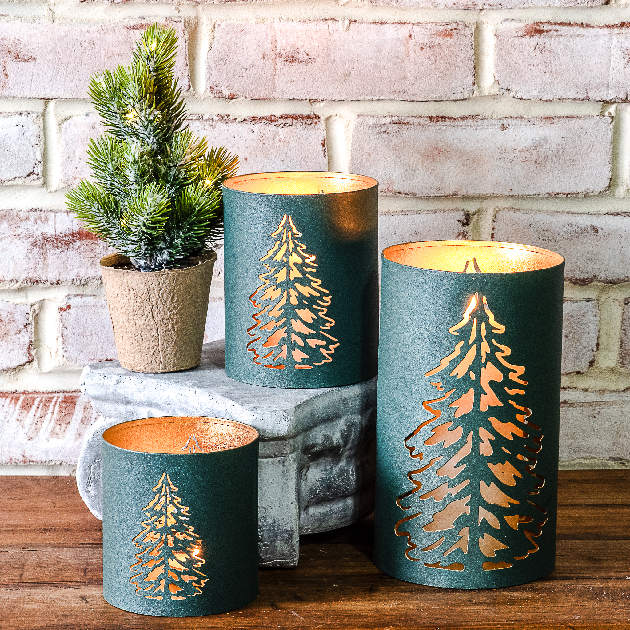 S/3 Green Holiday Tree Lanterns