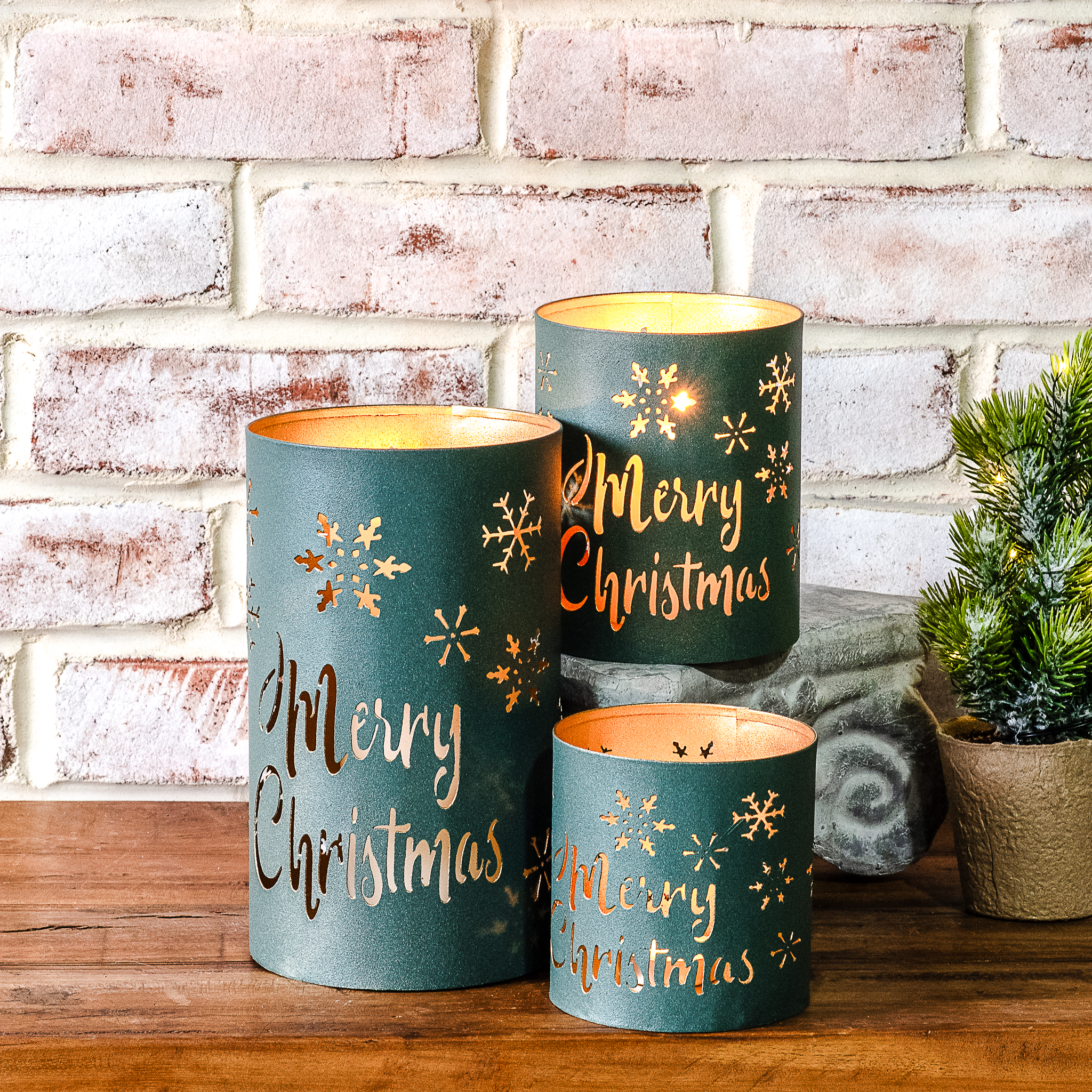 S/3 Green Merry Christmas Lanterns