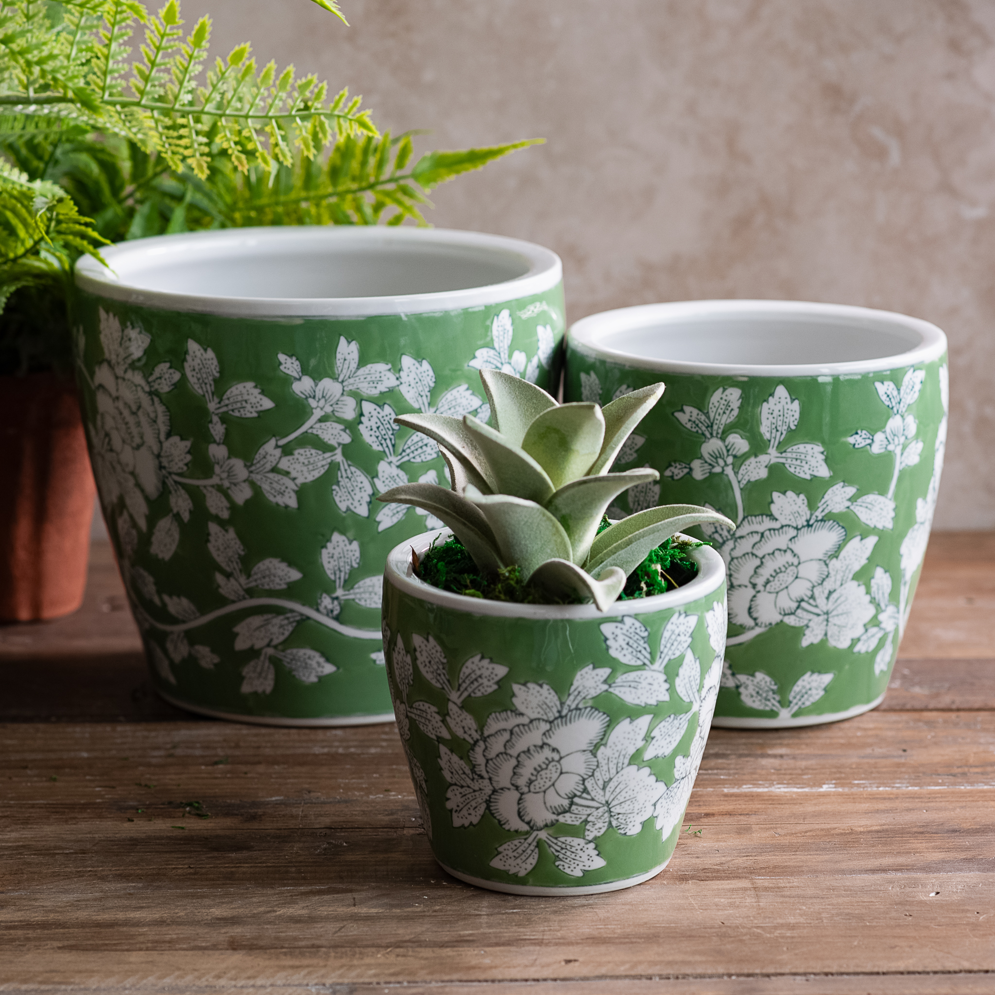S/3 Gr/Bl Floral Pots