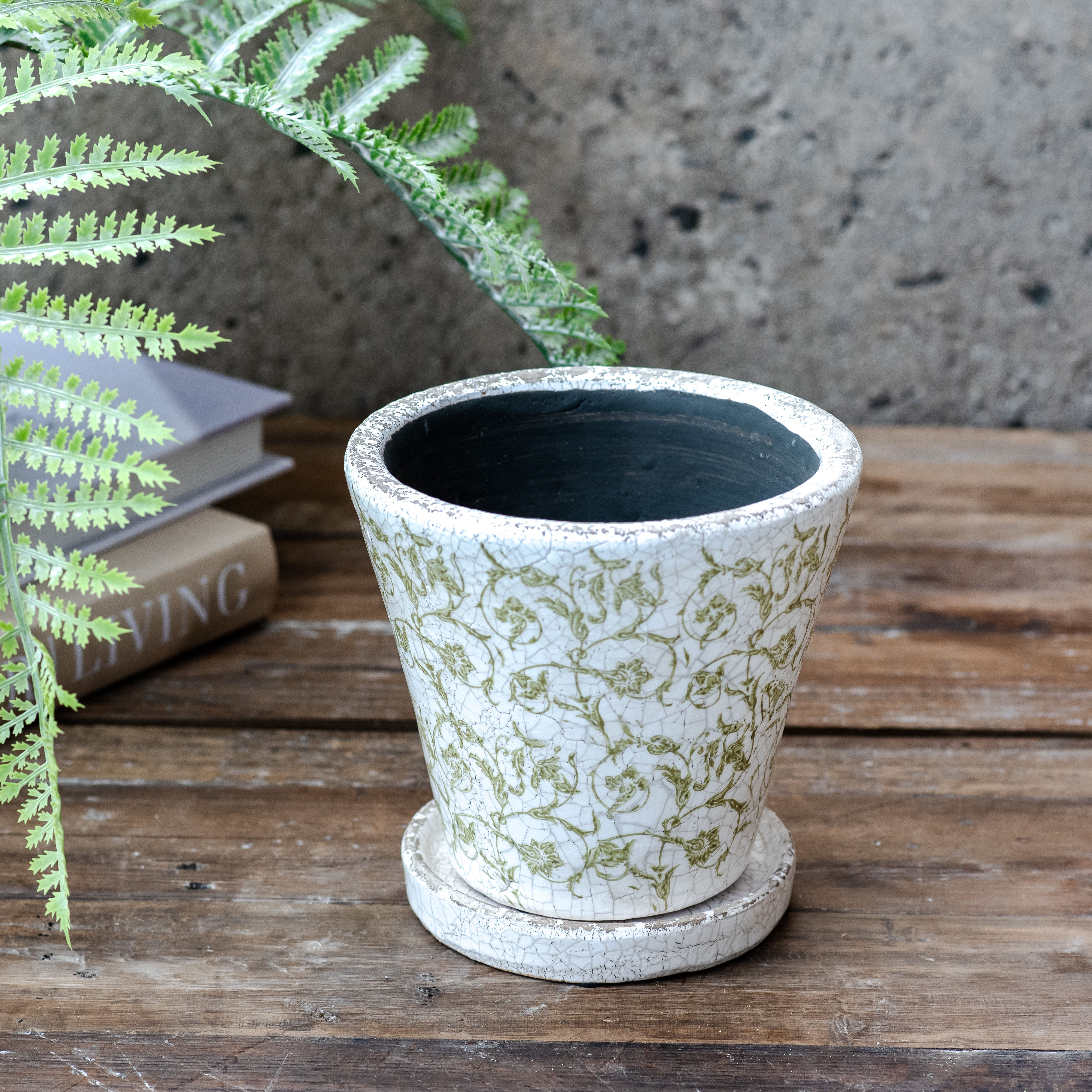 6.5"H Green Antique Floral Print Pot