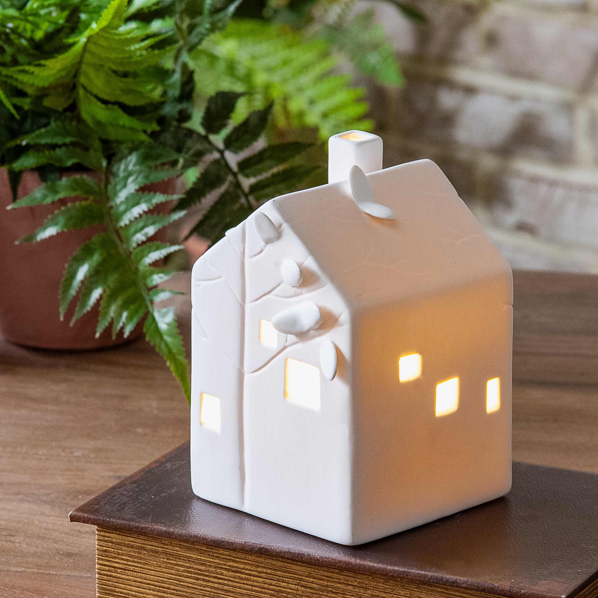 5.3" H. Led Tree Print Design Ceramic House