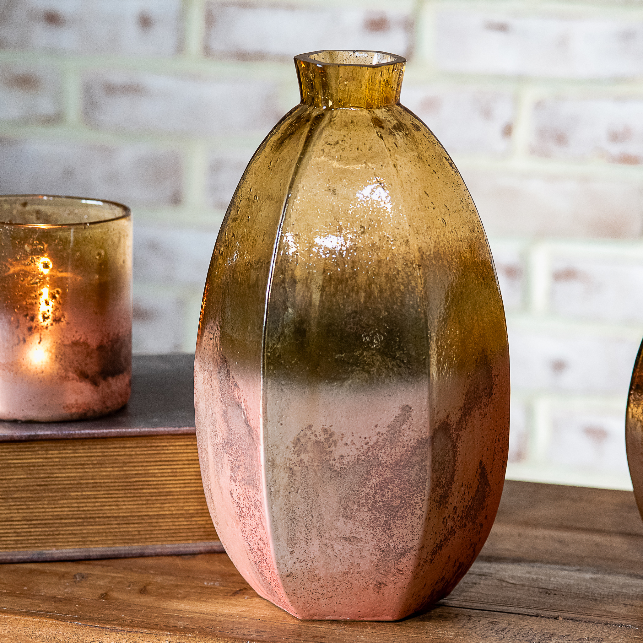 11" Stone Foil Brn/Rose Gold Hex Vase