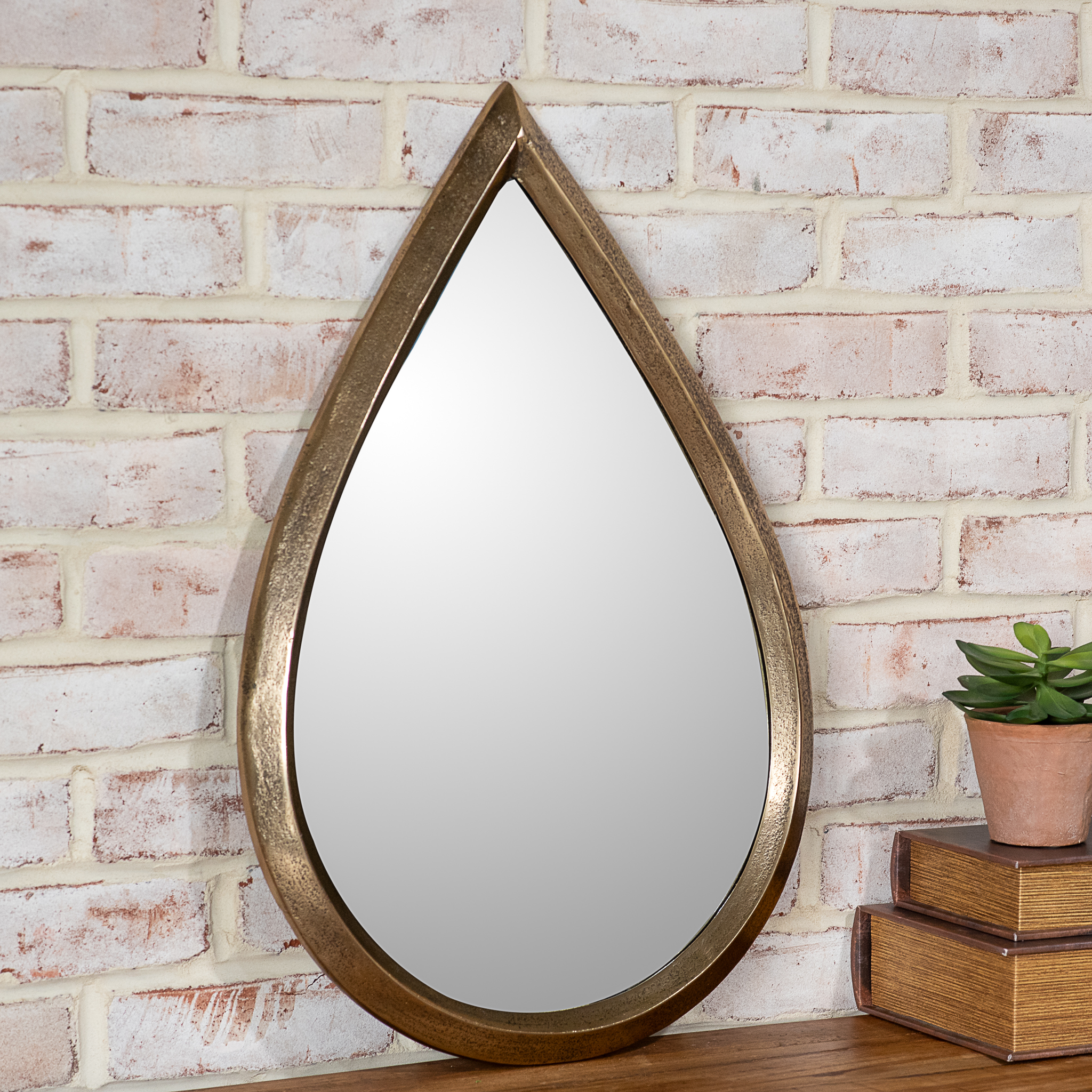 24"H Ant. Brass Teardrop Line Edge Mirror