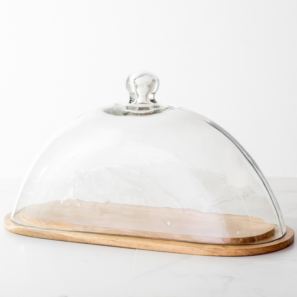13.8" Wood Cake Stand W/Glass Lid