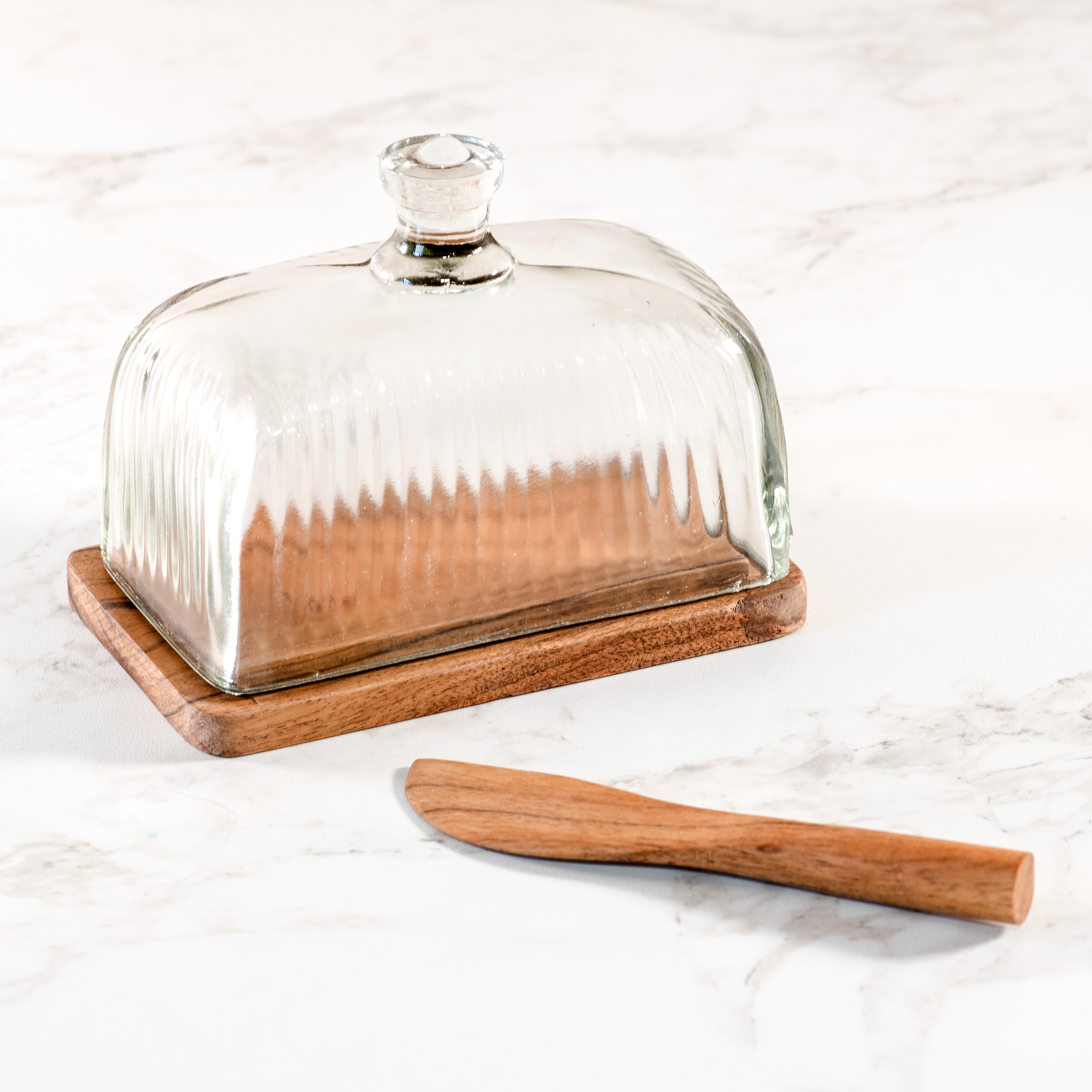 Glass & Wood Butter Dish W/ Wood Knife